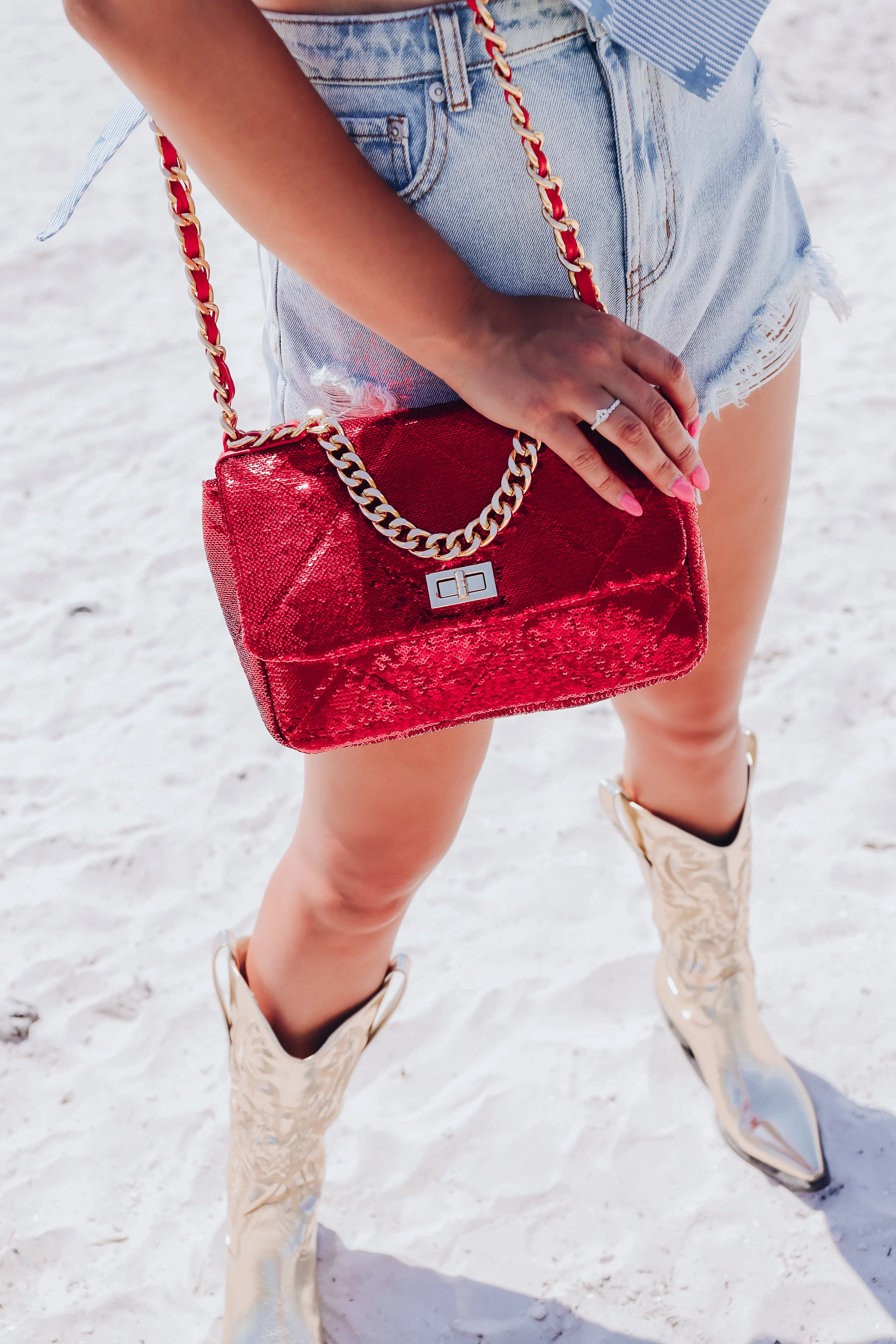 Quilted Sequin Shoulder Bag - Red