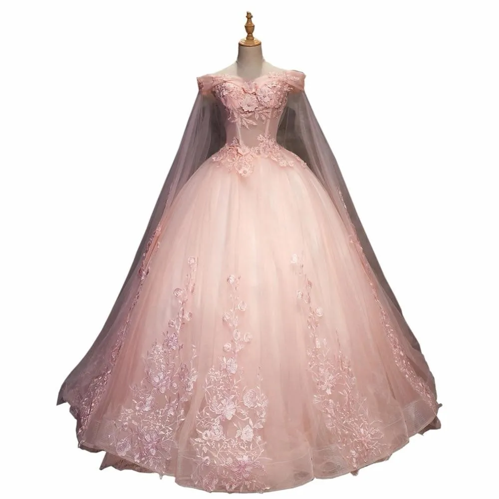 Quinceanera Dress Appliques Beading Floor-Length Pink Tulle Formal Dress
