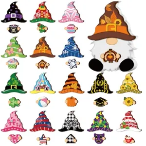 Qunclay 33 Pcs Interchangeable Wooden Gnome Decor Holiday Tiered Tray Decoration with Magnet Pieces and Detachable Hats Gnome Changeable Welcome Sign for Home (Stylish)