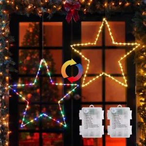Quntis Christmas Window Lights – 2 Pack 19.6in Large Color Changing Star Lights, Battery Operated Curtain Lights with Timer & 8 Modes, Foldable for Indoor/Outdoor Diwali & Holiday Decor