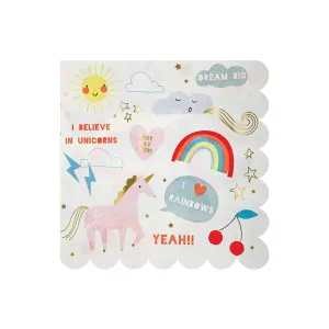 Rainbow & Unicorn Large Napkins, Set of 16 Colorful Large Unicorn and Rainbow Square Paper Napkins with a Scallop Edge