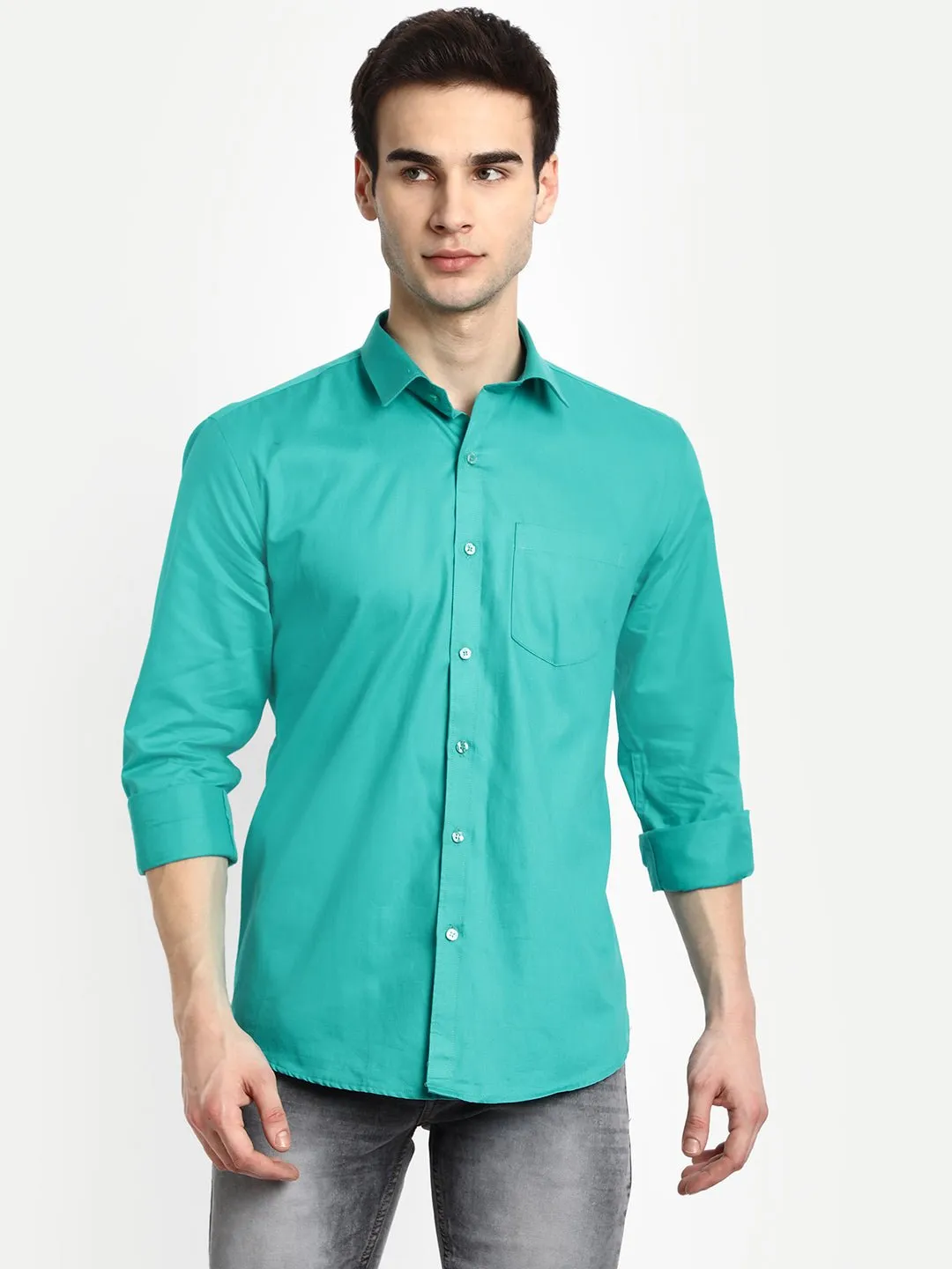 Rama Green Color Satin Mecerised Cotton Shirt For Men