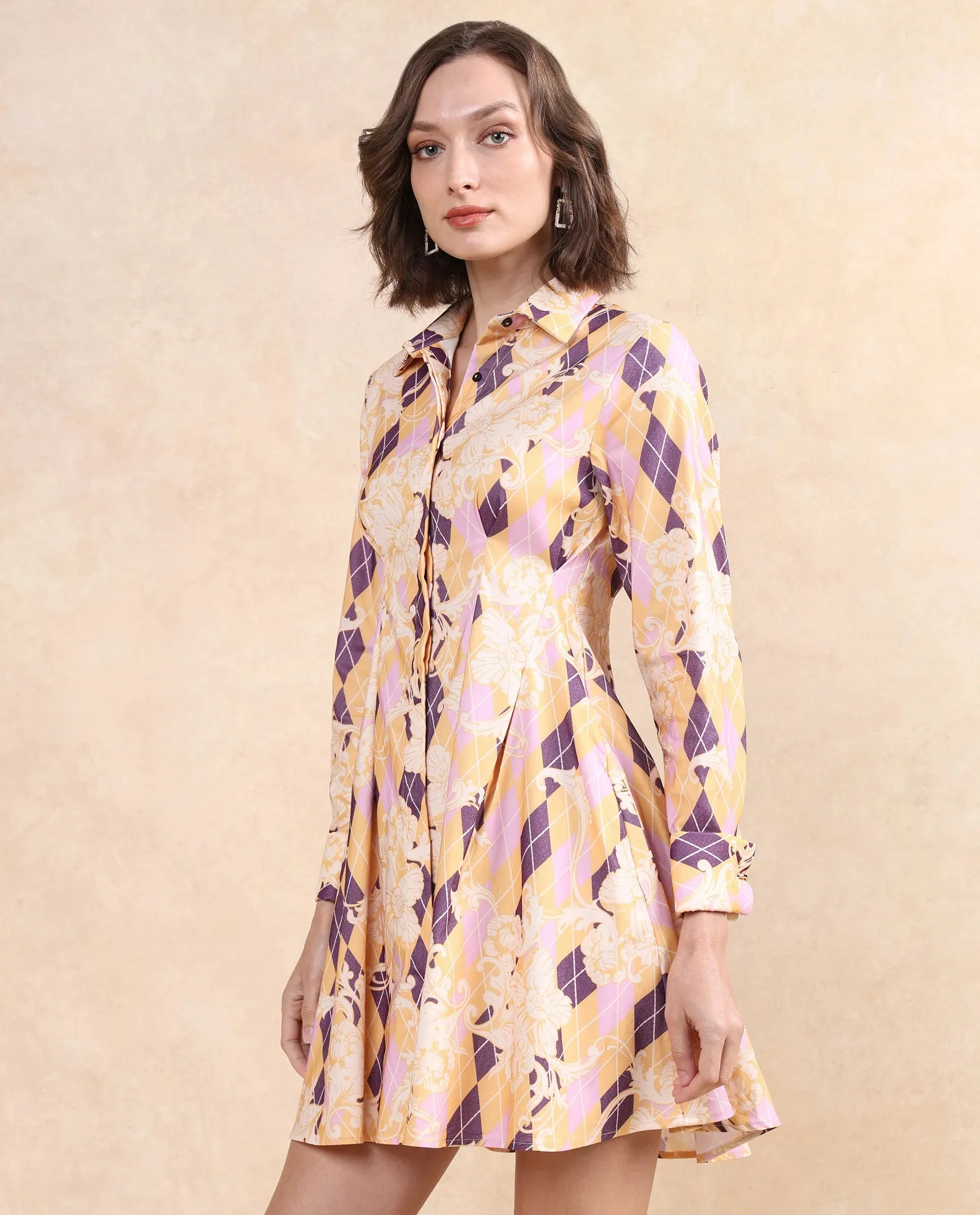 Rareism Women Bolviana Light Multi Cuffed Sleeve Collared Neck Button Closure Flared Knee Length Geometric Print Dress