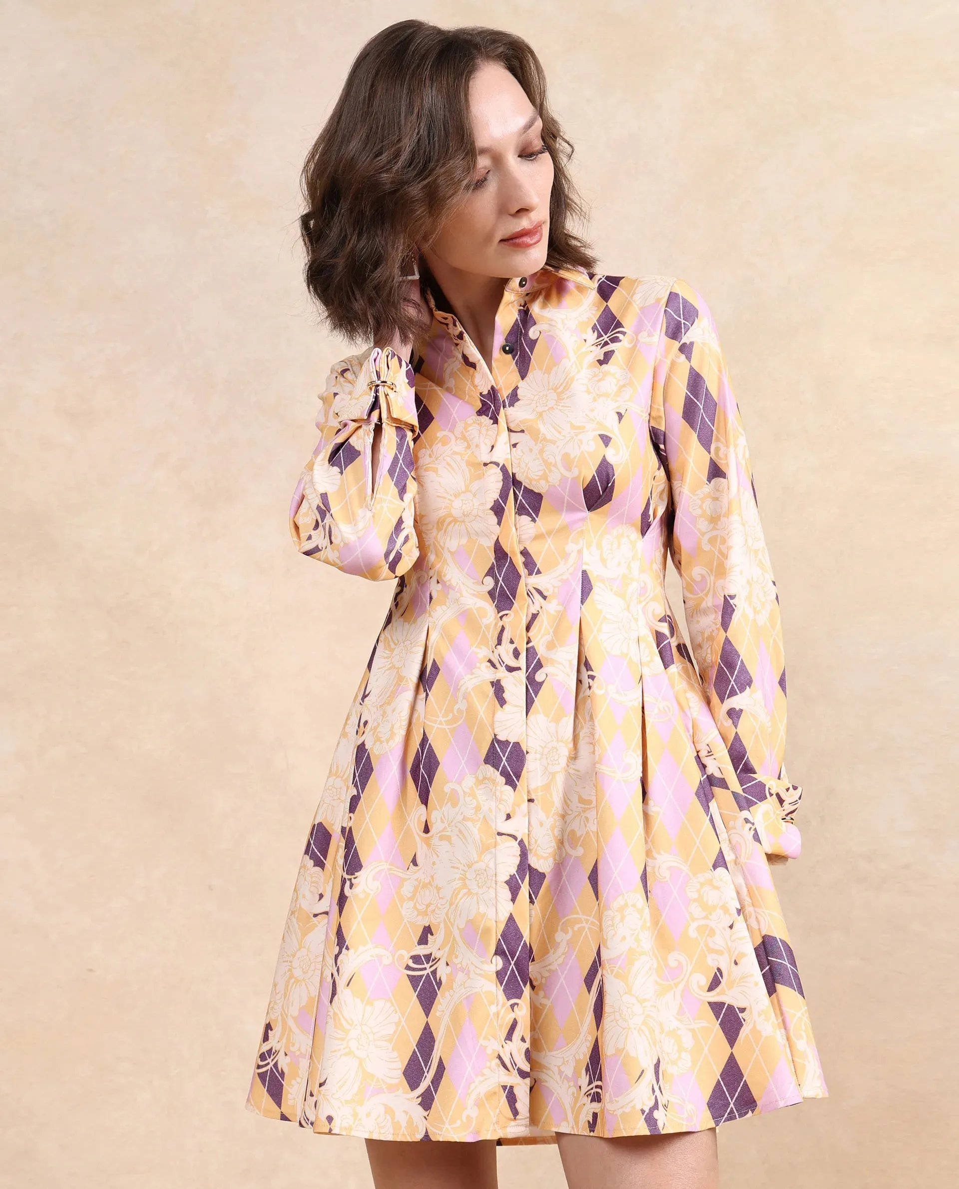 Rareism Women Bolviana Light Multi Cuffed Sleeve Collared Neck Button Closure Flared Knee Length Geometric Print Dress
