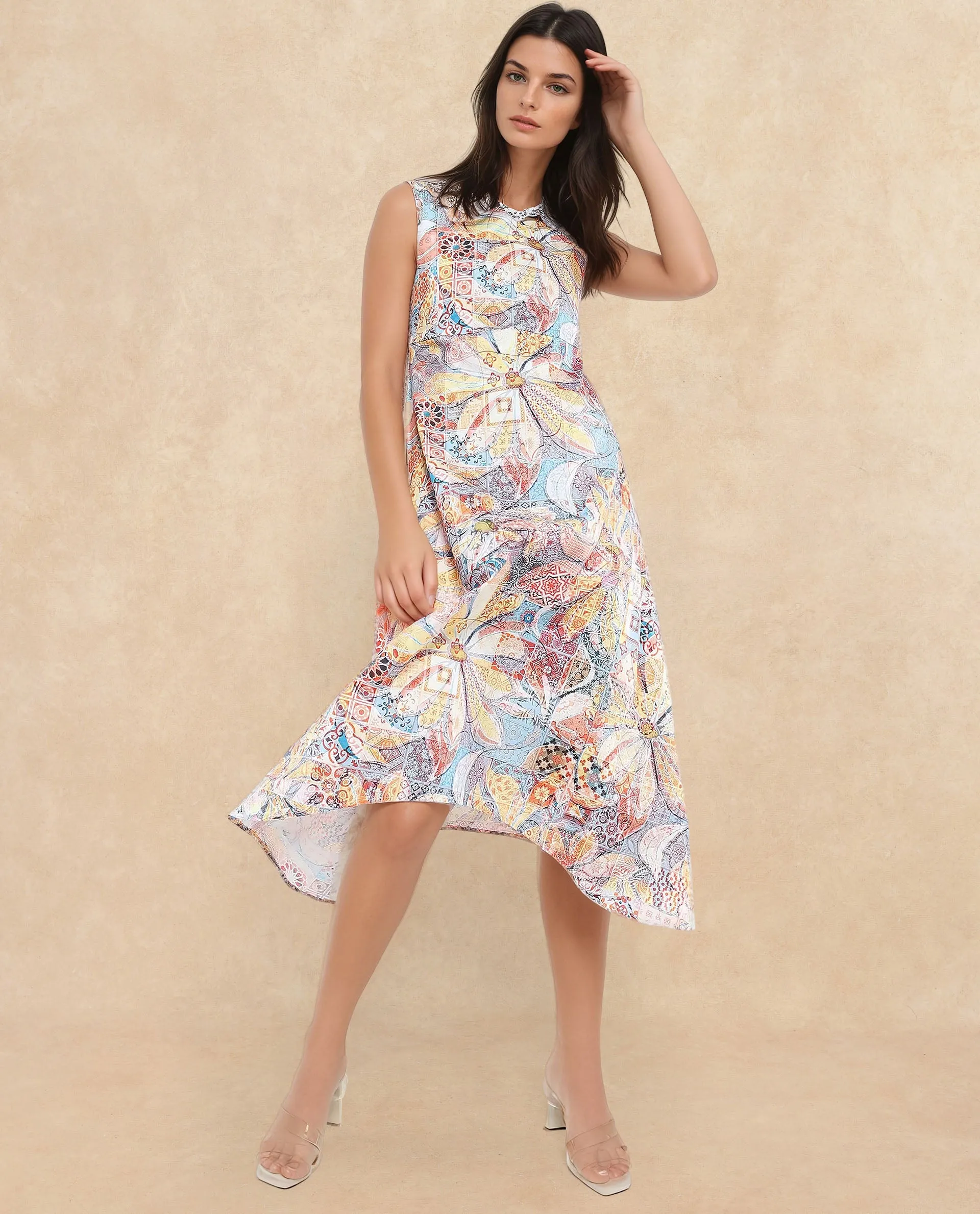 Rareism Women Elsal Light Multi Cotton Blend Fabric Sleeveless Collared Neck Asymmetric Midi Floral Print Dress