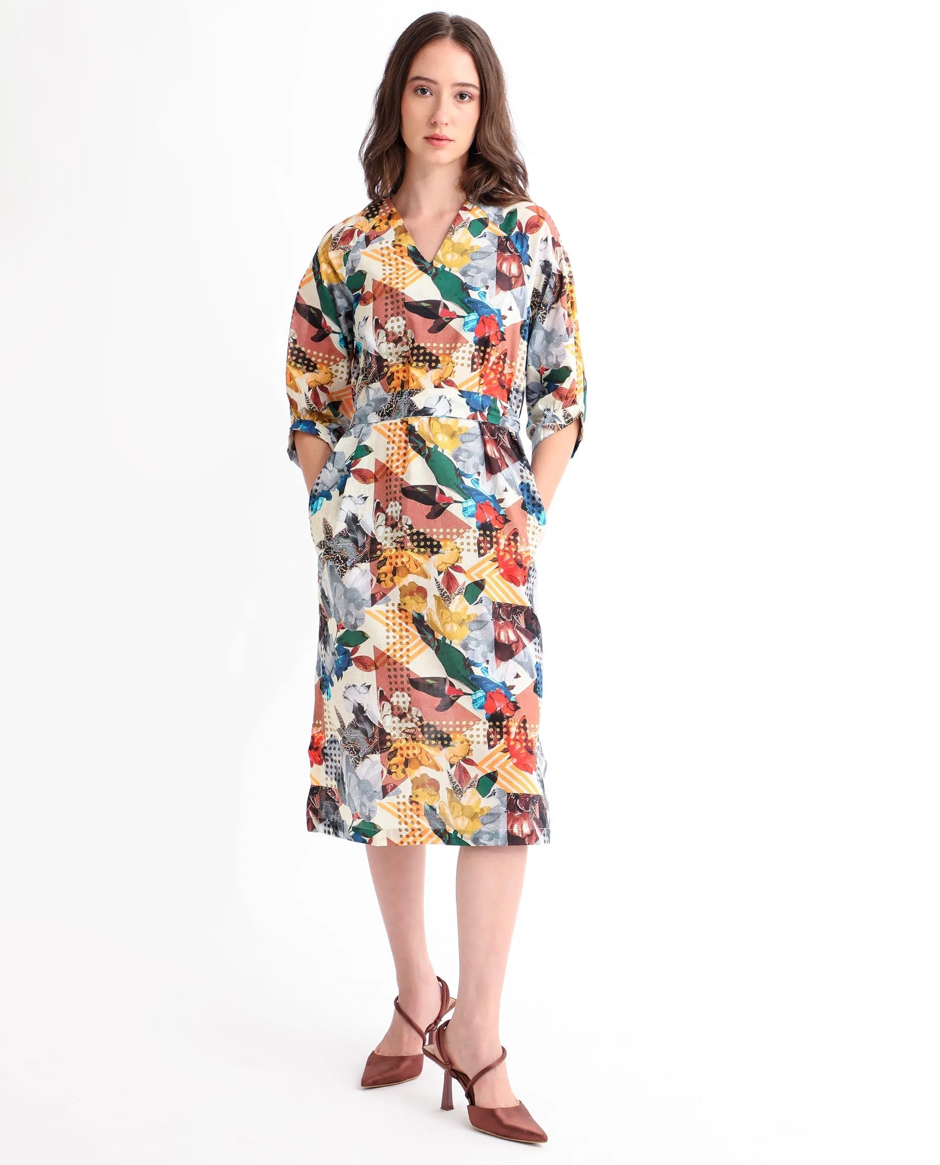 Rareism Women Hamilton Multi Cotton Fabric 3/4Th Sleeves Button Closure V-Neck Balloon Sleeve Regular Fit Abstract Print Knee Length Boxy Dress