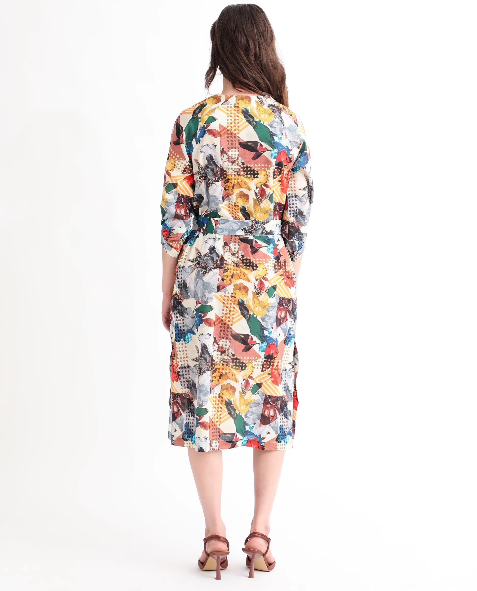Rareism Women Hamilton Multi Cotton Fabric 3/4Th Sleeves Button Closure V-Neck Balloon Sleeve Regular Fit Abstract Print Knee Length Boxy Dress