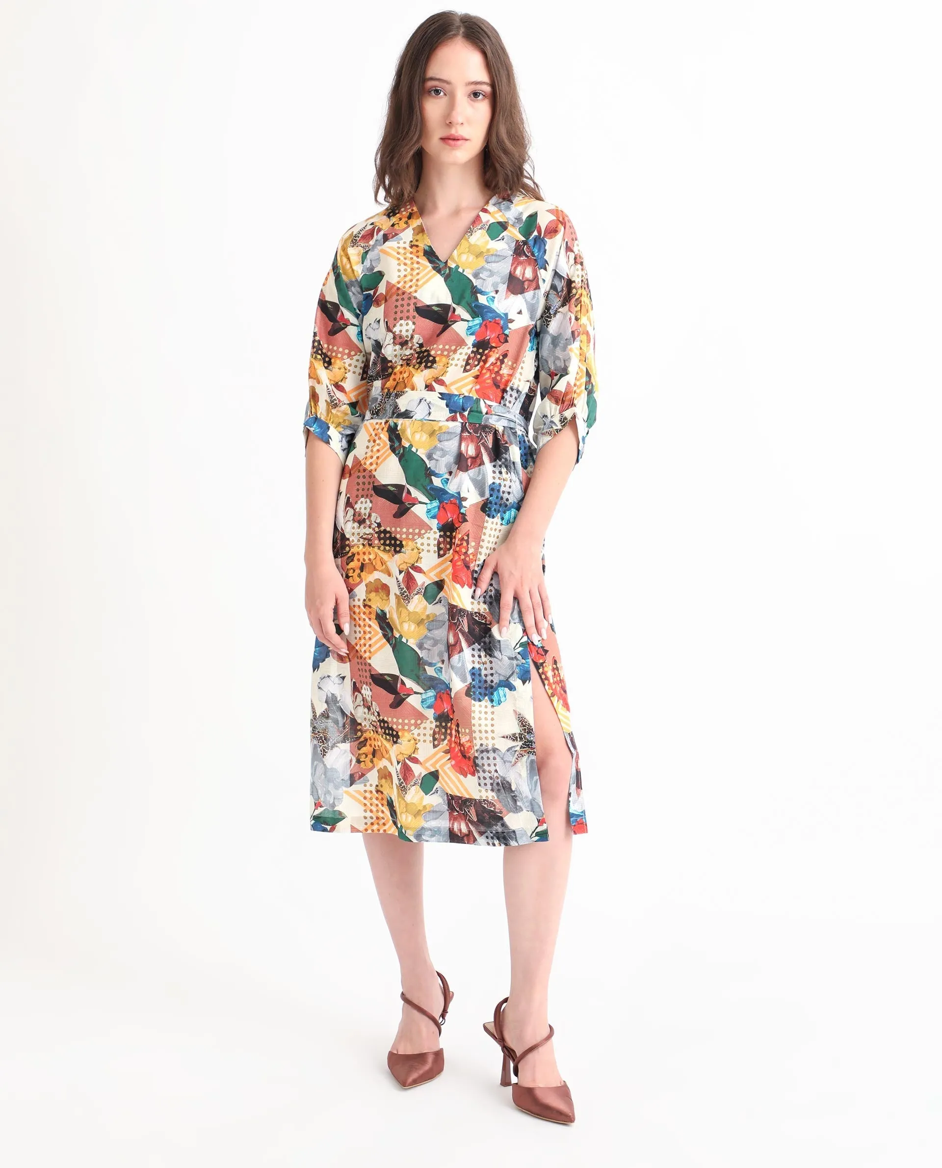 Rareism Women Hamilton Multi Cotton Fabric 3/4Th Sleeves Button Closure V-Neck Balloon Sleeve Regular Fit Abstract Print Knee Length Boxy Dress