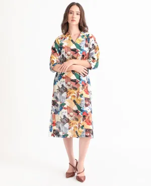 Rareism Women Hamilton Multi Cotton Fabric 3/4Th Sleeves Button Closure V-Neck Balloon Sleeve Regular Fit Abstract Print Knee Length Boxy Dress