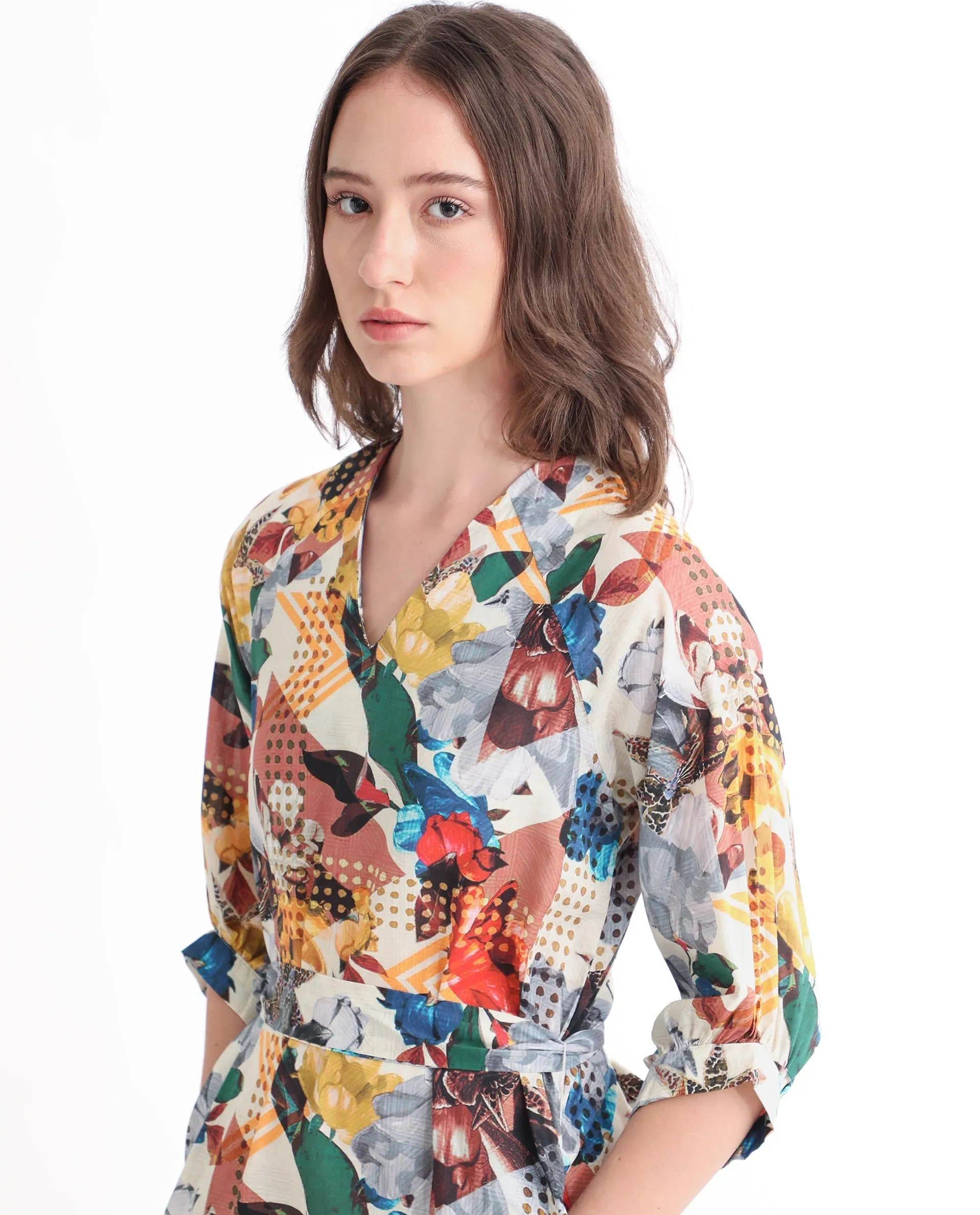Rareism Women Hamilton Multi Cotton Fabric 3/4Th Sleeves Button Closure V-Neck Balloon Sleeve Regular Fit Abstract Print Knee Length Boxy Dress