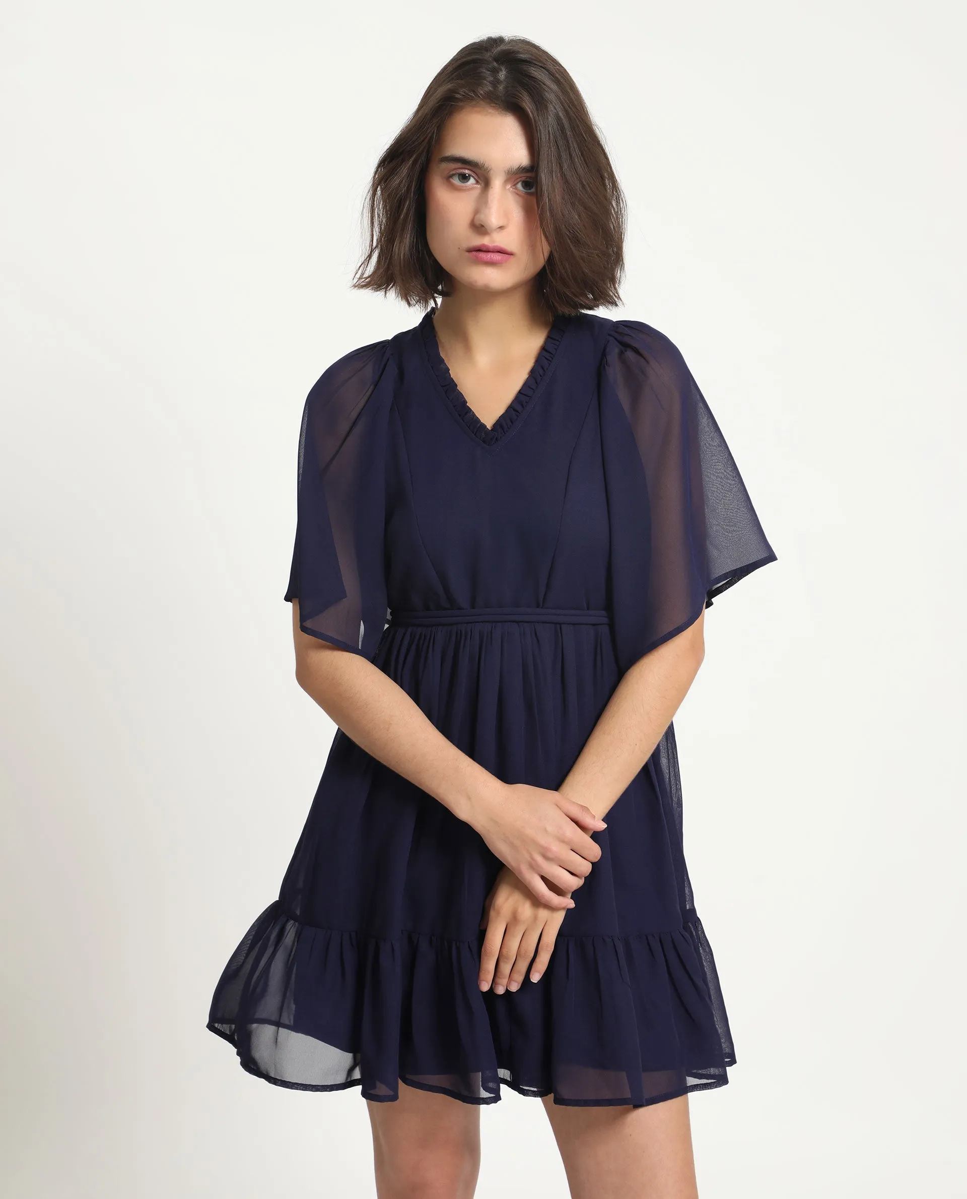 Rareism Women Hocker Navy Polyester Fabric Short Sleeves Ruffled Neck Flutter Sleeve Regular Fit Plain Short Tiered Dress
