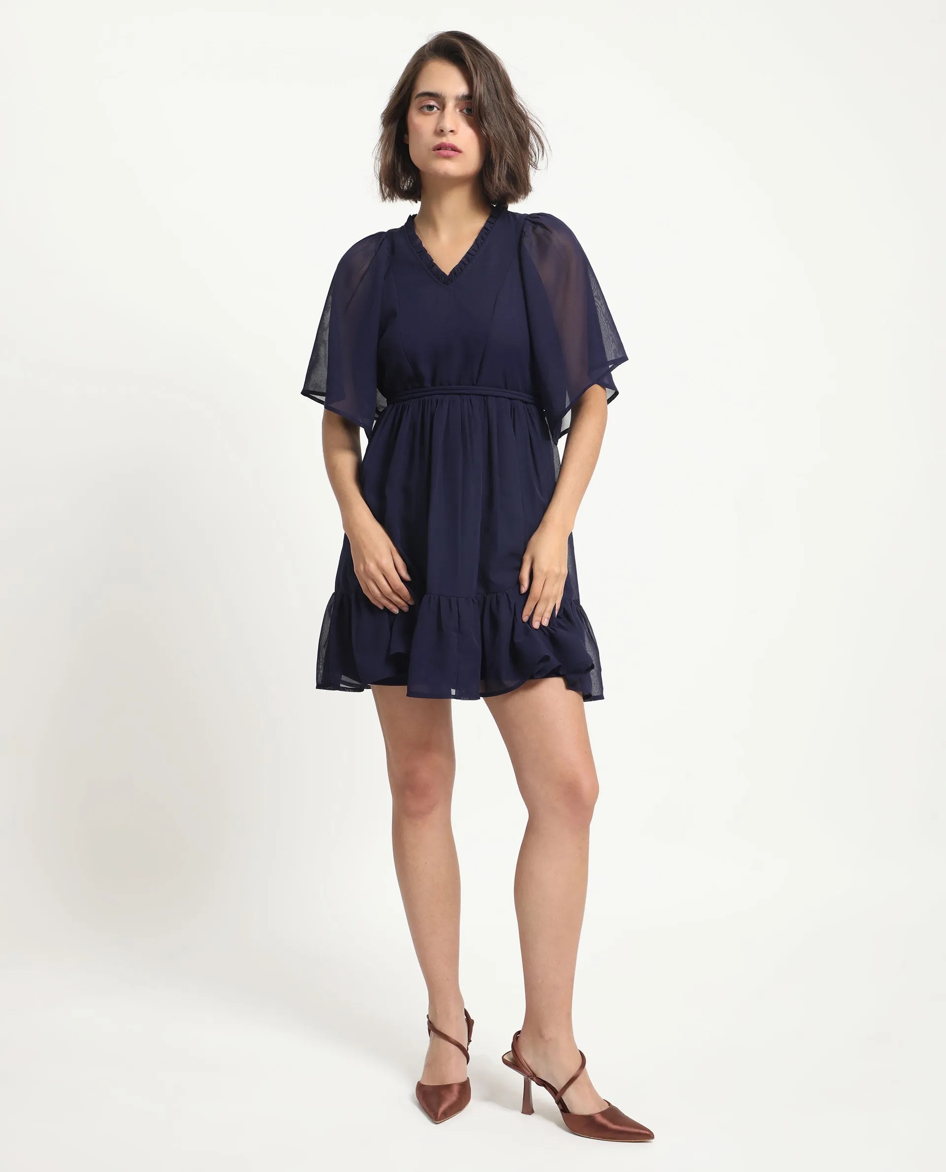 Rareism Women Hocker Navy Polyester Fabric Short Sleeves Ruffled Neck Flutter Sleeve Regular Fit Plain Short Tiered Dress