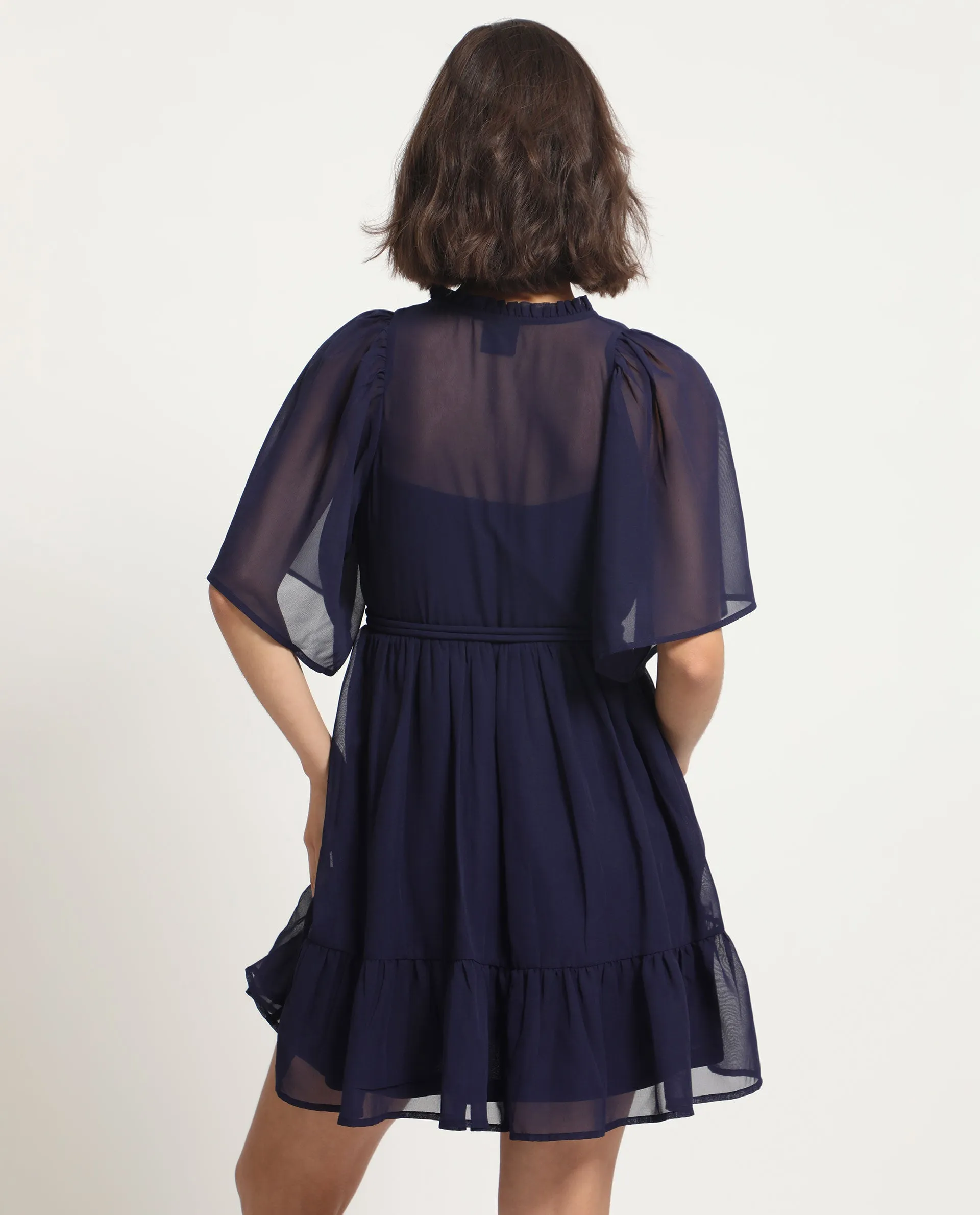 Rareism Women Hocker Navy Polyester Fabric Short Sleeves Ruffled Neck Flutter Sleeve Regular Fit Plain Short Tiered Dress
