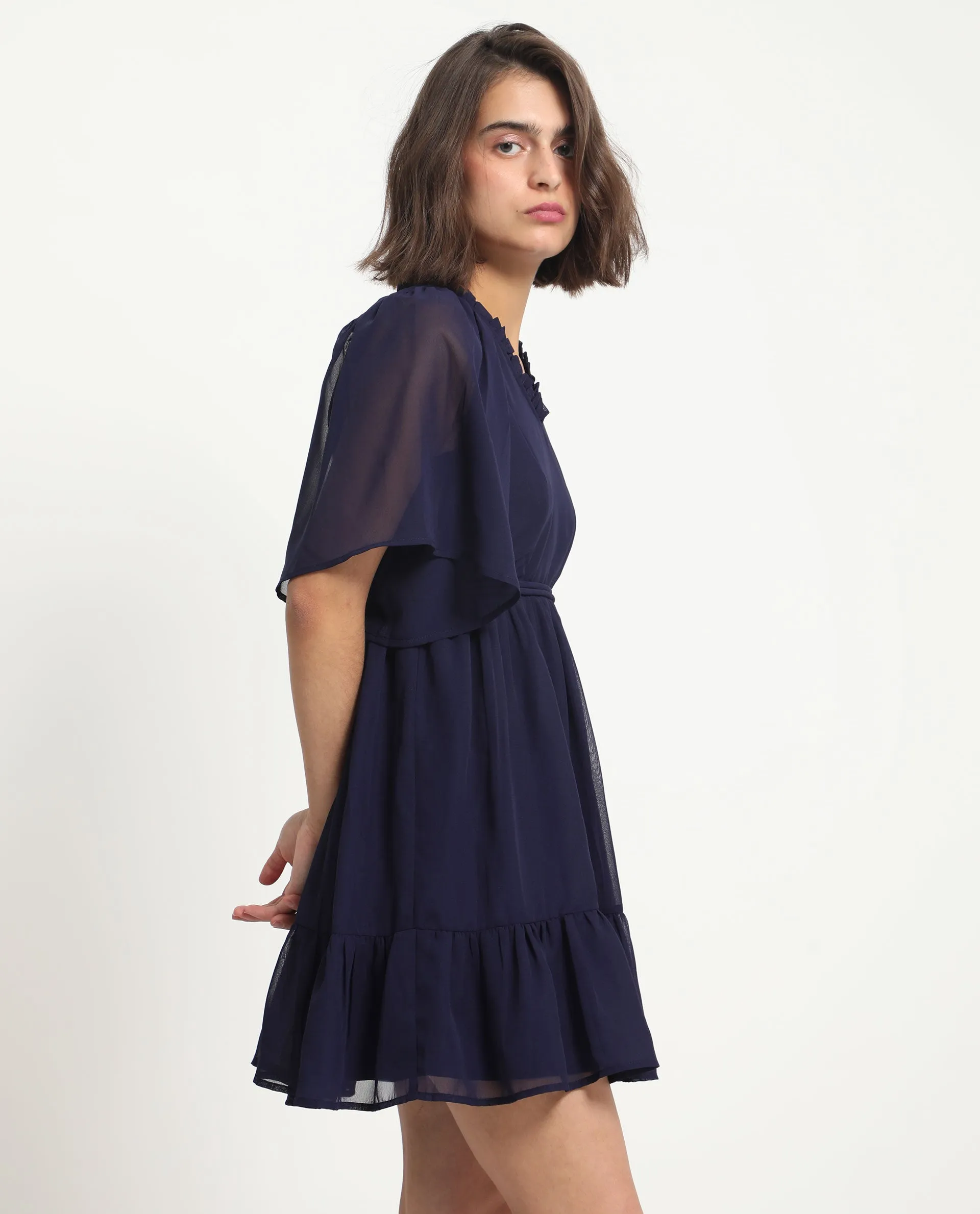 Rareism Women Hocker Navy Polyester Fabric Short Sleeves Ruffled Neck Flutter Sleeve Regular Fit Plain Short Tiered Dress