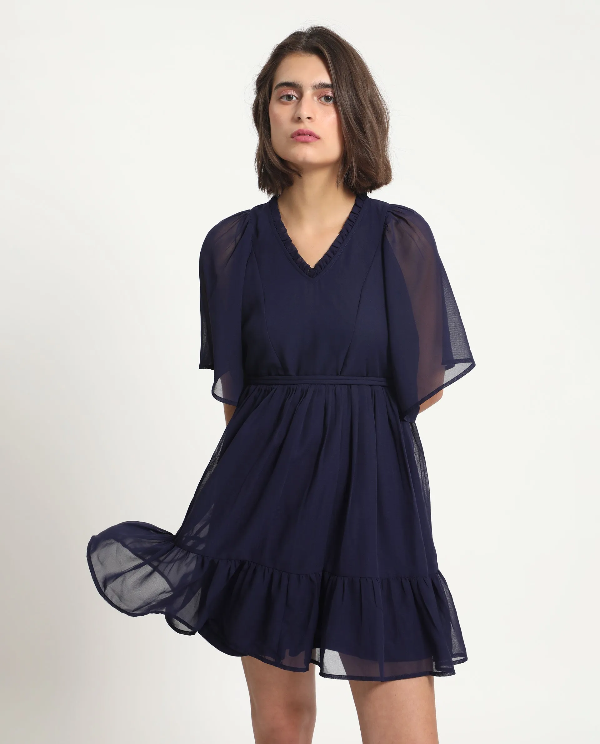 Rareism Women Hocker Navy Polyester Fabric Short Sleeves Ruffled Neck Flutter Sleeve Regular Fit Plain Short Tiered Dress