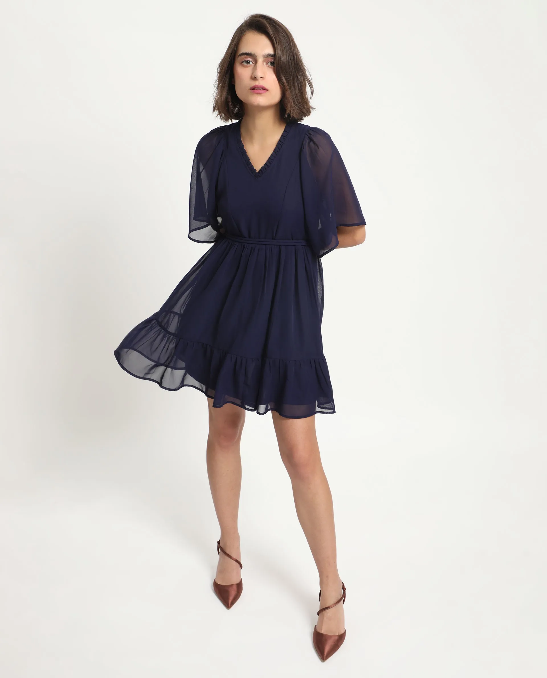 Rareism Women Hocker Navy Polyester Fabric Short Sleeves Ruffled Neck Flutter Sleeve Regular Fit Plain Short Tiered Dress