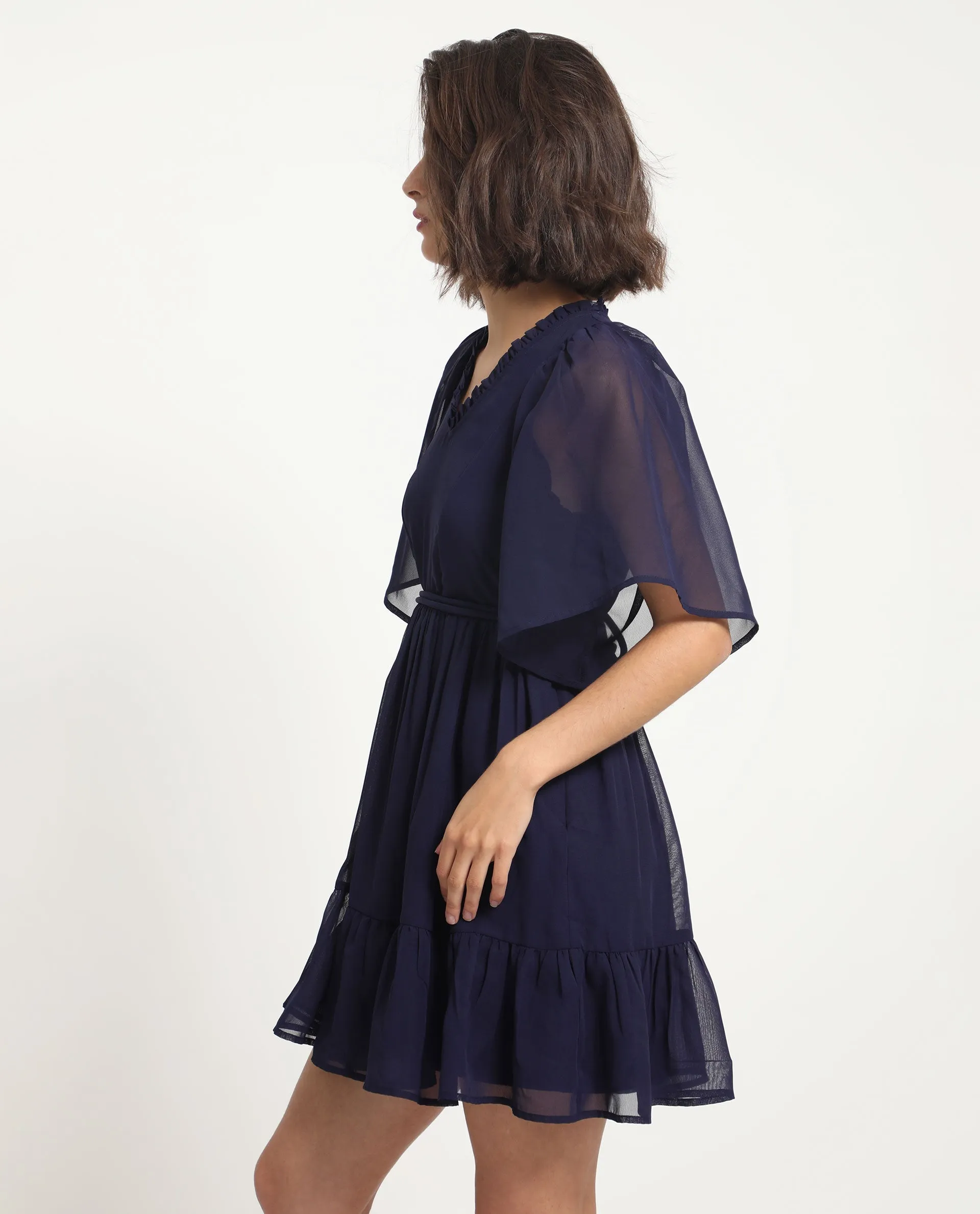 Rareism Women Hocker Navy Polyester Fabric Short Sleeves Ruffled Neck Flutter Sleeve Regular Fit Plain Short Tiered Dress