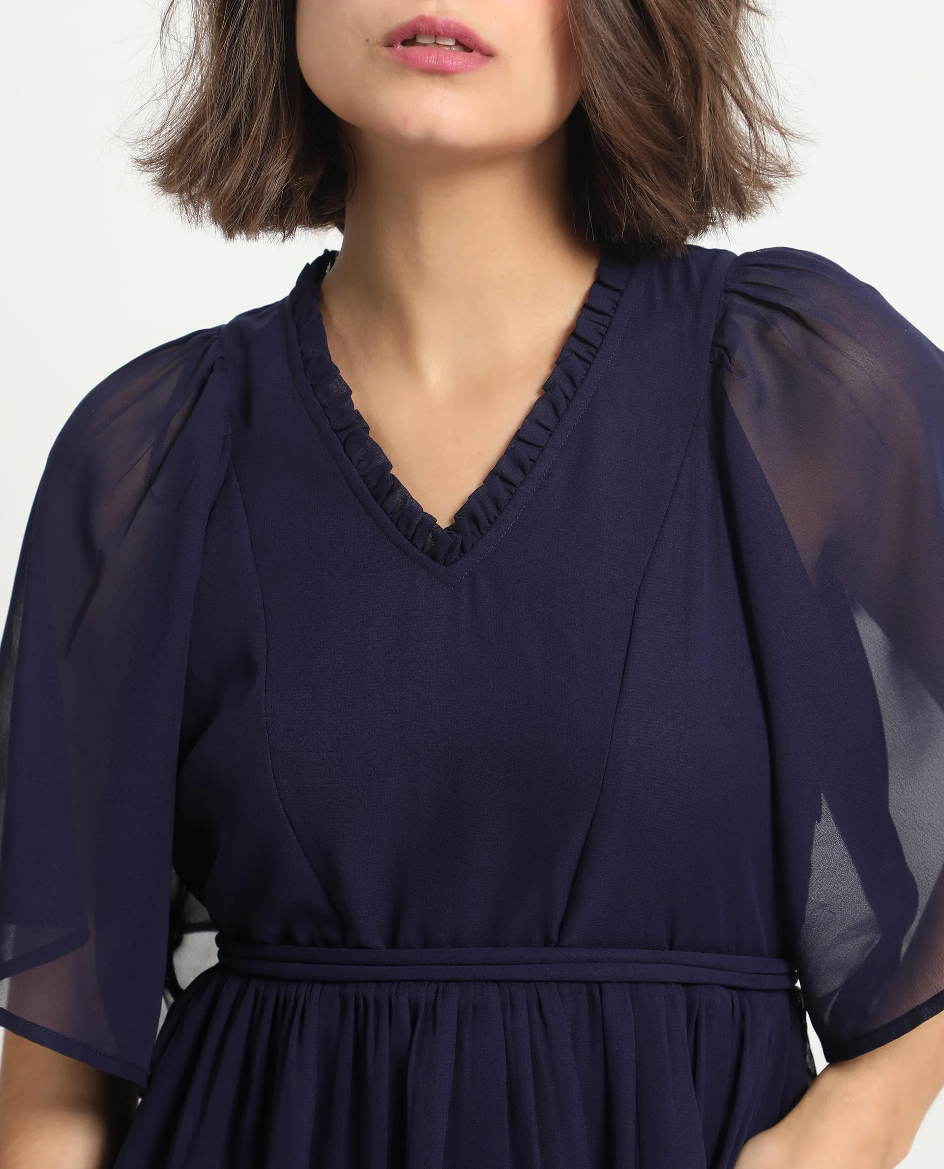 Rareism Women Hocker Navy Polyester Fabric Short Sleeves Ruffled Neck Flutter Sleeve Regular Fit Plain Short Tiered Dress