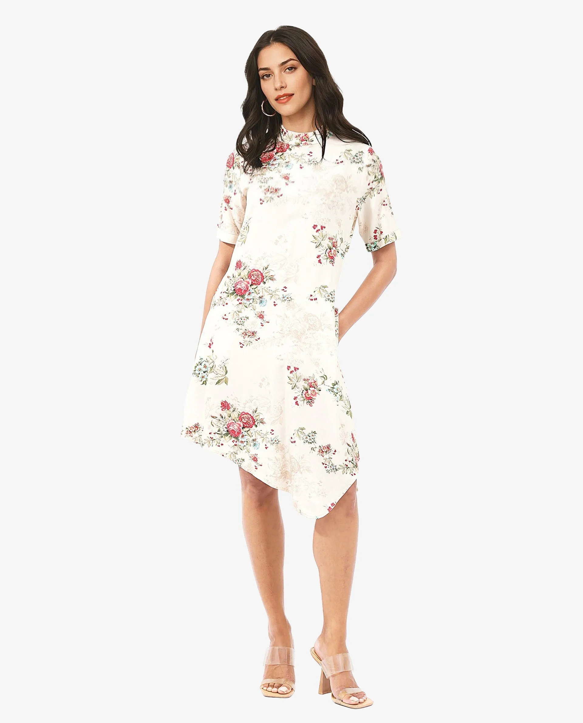 Rareism Women Kellogs Light Multi Button Closure Short Sleeve High Neck Floral Print Knee Length Dress