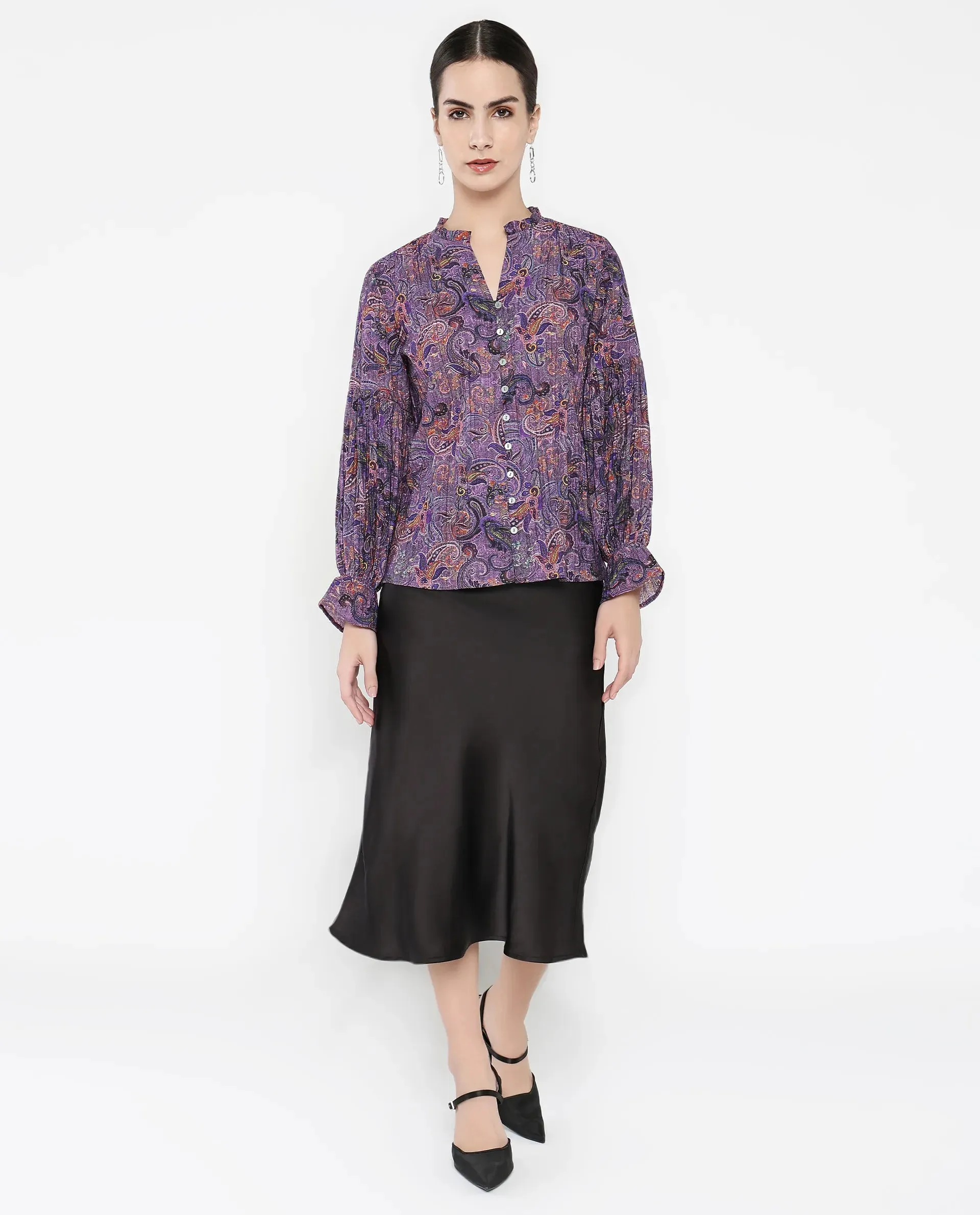 Rareism Women Lafia Multi Viscose Fabric Lantern Sleeve V-Neck Button Closure Paisley Print Top