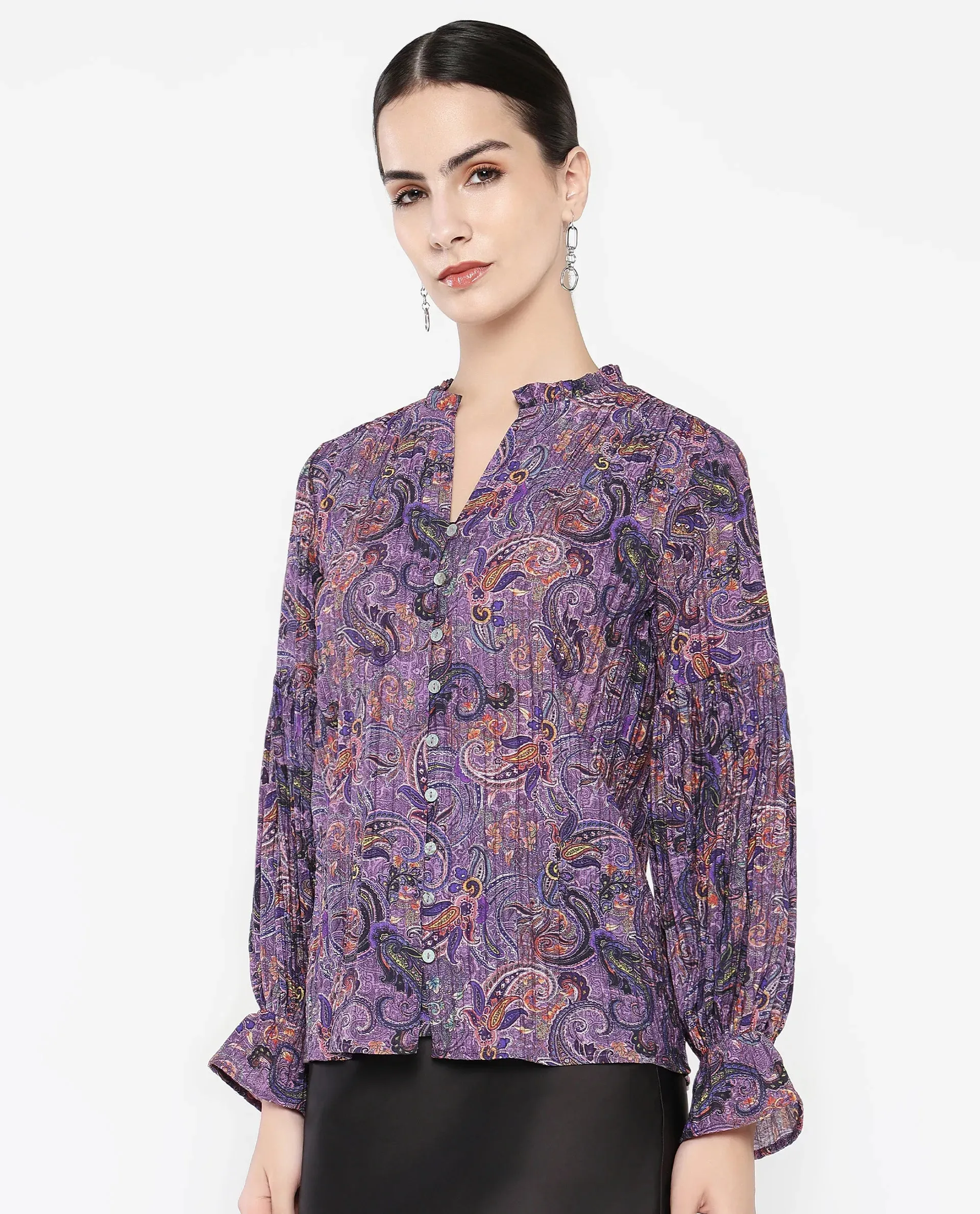 Rareism Women Lafia Multi Viscose Fabric Lantern Sleeve V-Neck Button Closure Paisley Print Top