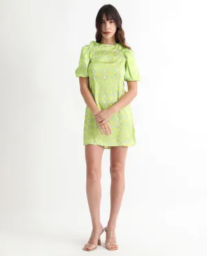 Rareism Women Robertson Fluorescent Yellow Polyester Fabric Short Sleeves Zip Closure Round Neck Puff Sleeve Boxy Fit Geometric Print Short Dress