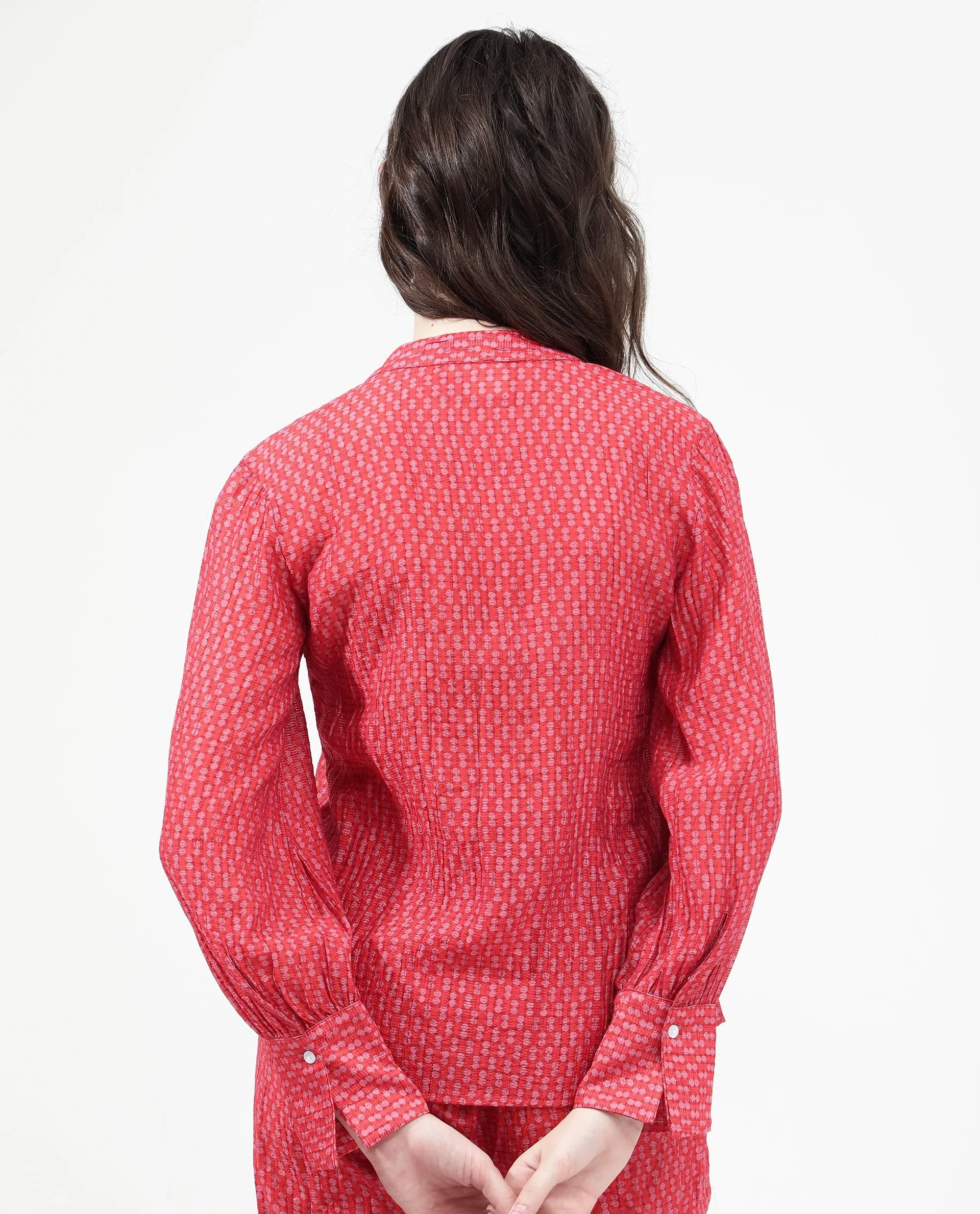Rareism Women Rusha-T Red Rayon Nylon Fabric Regular Sleeves Collared Neck Abstract Print Regular Length Top