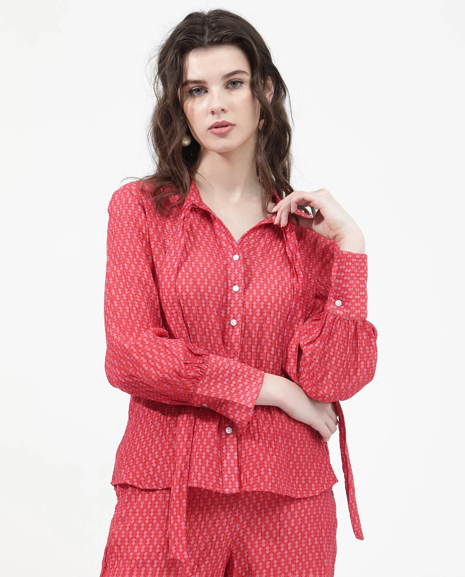 Rareism Women Rusha-T Red Rayon Nylon Fabric Regular Sleeves Collared Neck Abstract Print Regular Length Top