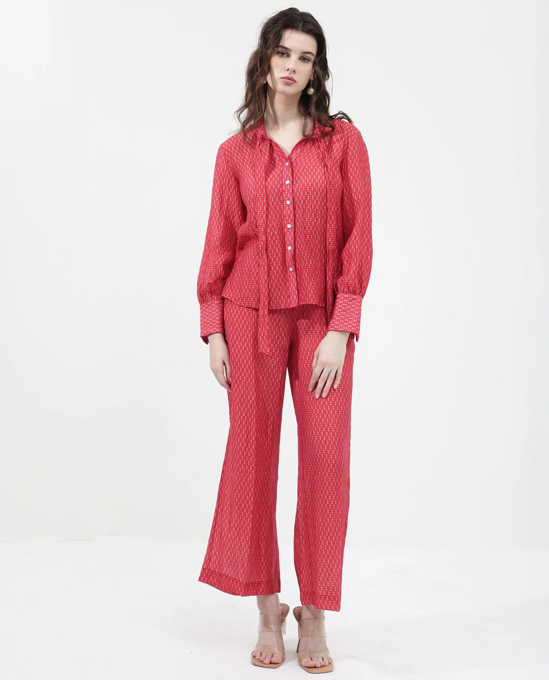Rareism Women Rusha-T Red Rayon Nylon Fabric Regular Sleeves Collared Neck Abstract Print Regular Length Top
