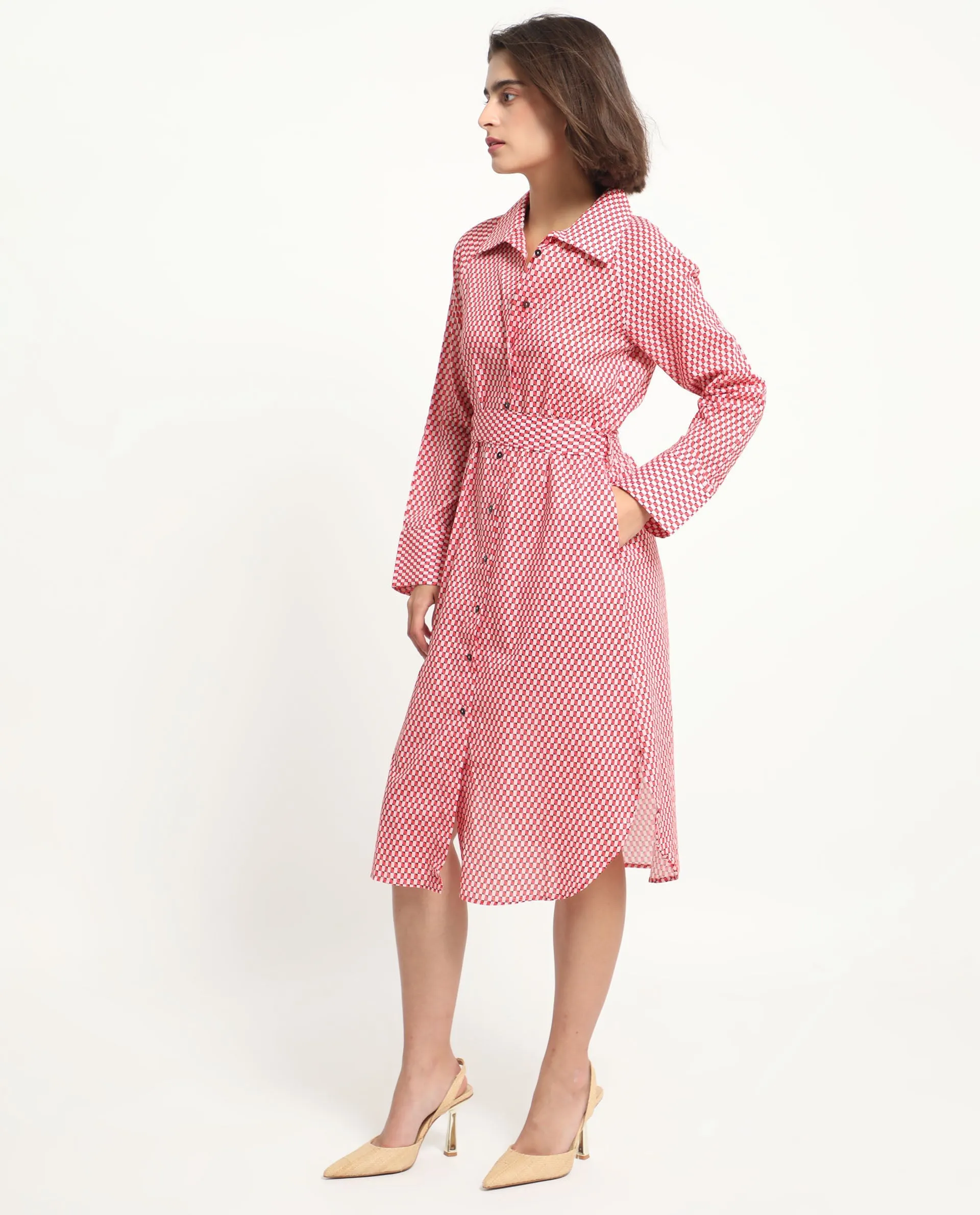 Rareism Women Thomson Red Cotton Fabric Full Sleeves Button Closure Shirt Collar Cuffed Sleeve Fit And Flare Checked Midi Boxy Dress