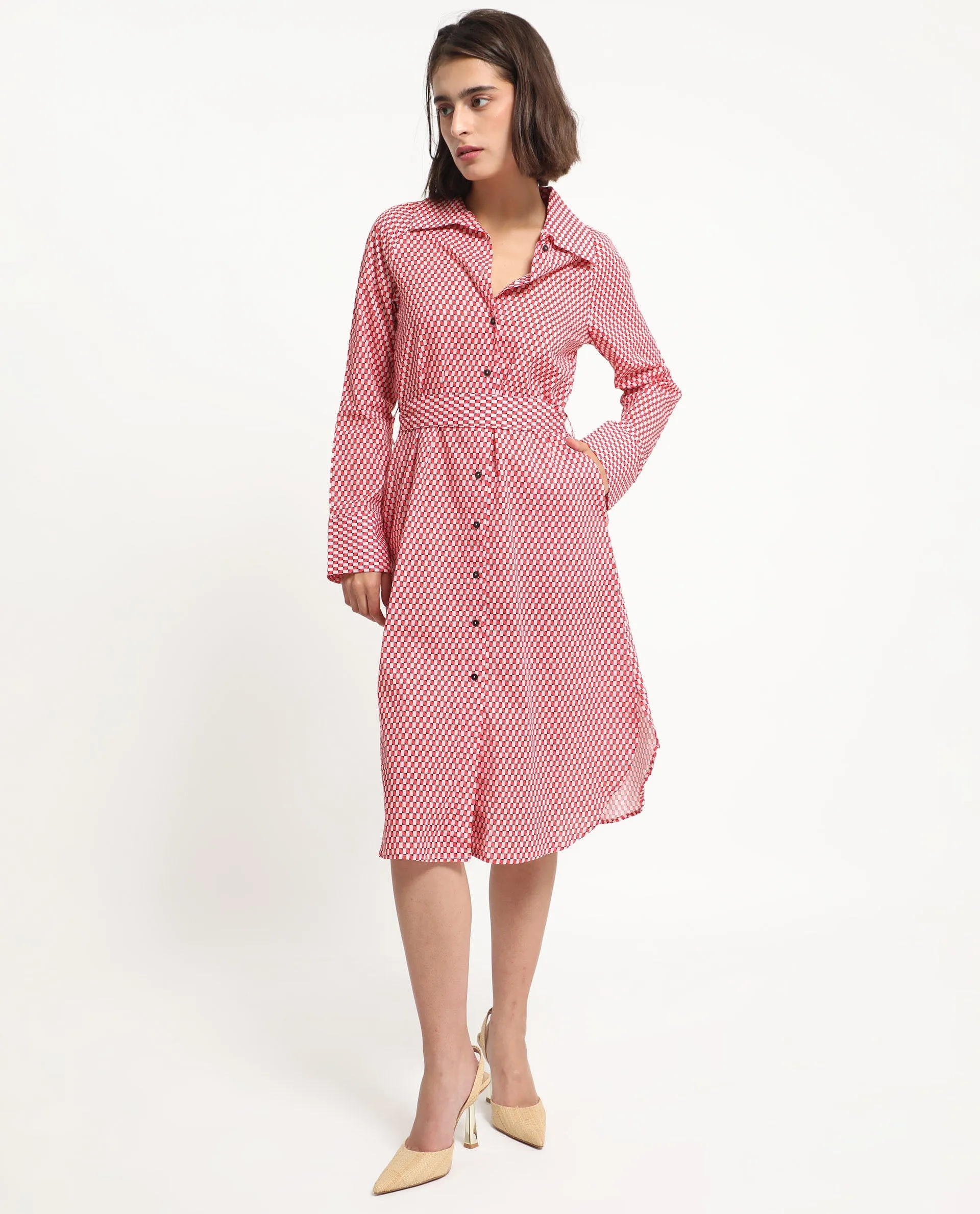 Rareism Women Thomson Red Cotton Fabric Full Sleeves Button Closure Shirt Collar Cuffed Sleeve Fit And Flare Checked Midi Boxy Dress
