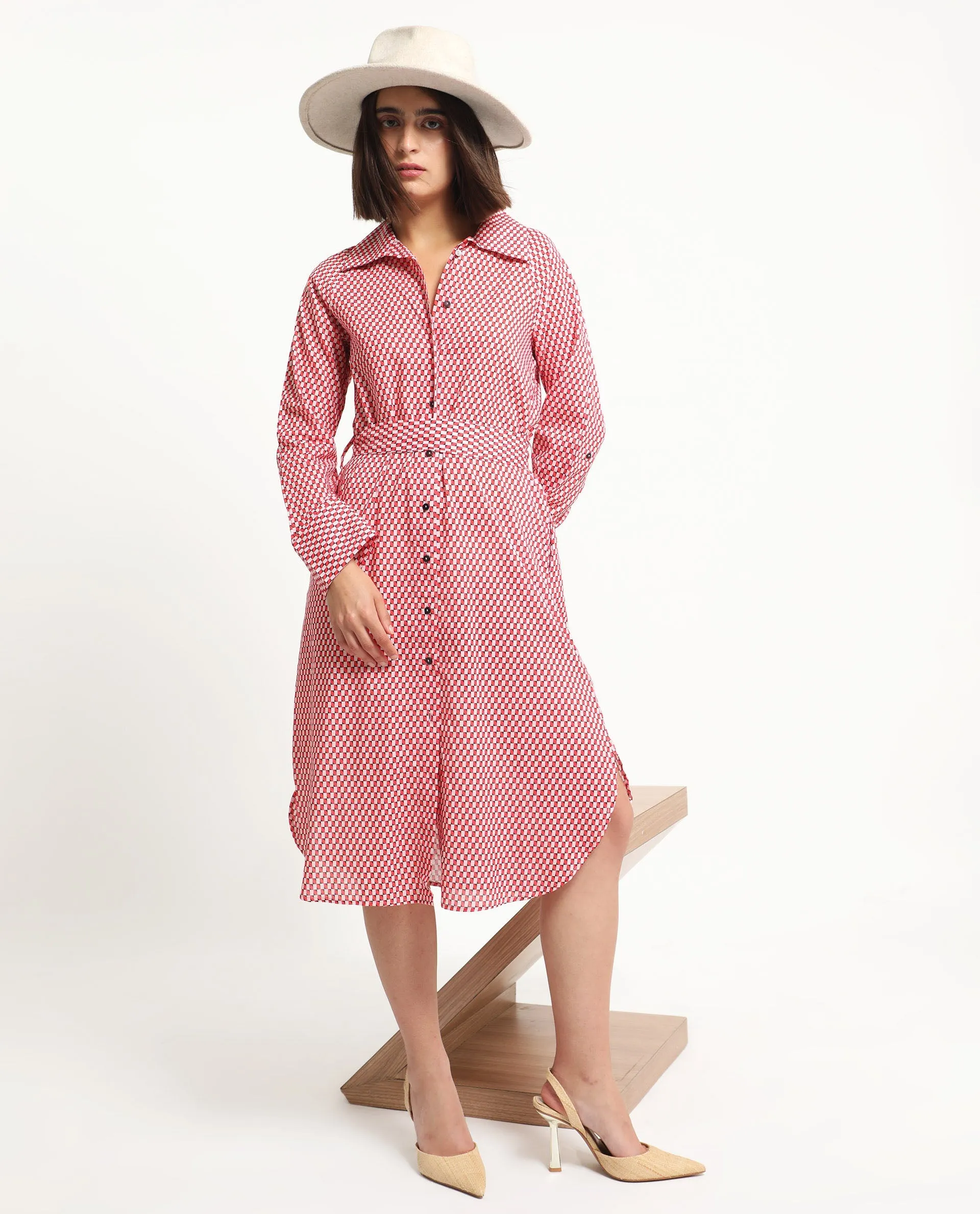 Rareism Women Thomson Red Cotton Fabric Full Sleeves Button Closure Shirt Collar Cuffed Sleeve Fit And Flare Checked Midi Boxy Dress