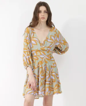Rareism Women Walter Light Multi Cotton Fabric 3/4Th Sleeves Over Lap Raglan Sleeve Regular Fit Abstract Print Knee Length Dress