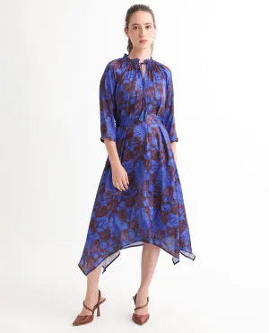 Rareism Women Watson Brown Polyester Fabric 3/4Th Sleeves Drawstring Closure Tie-Up Neck Regular Fit Floral Print Knee Length Asymmetric Dress