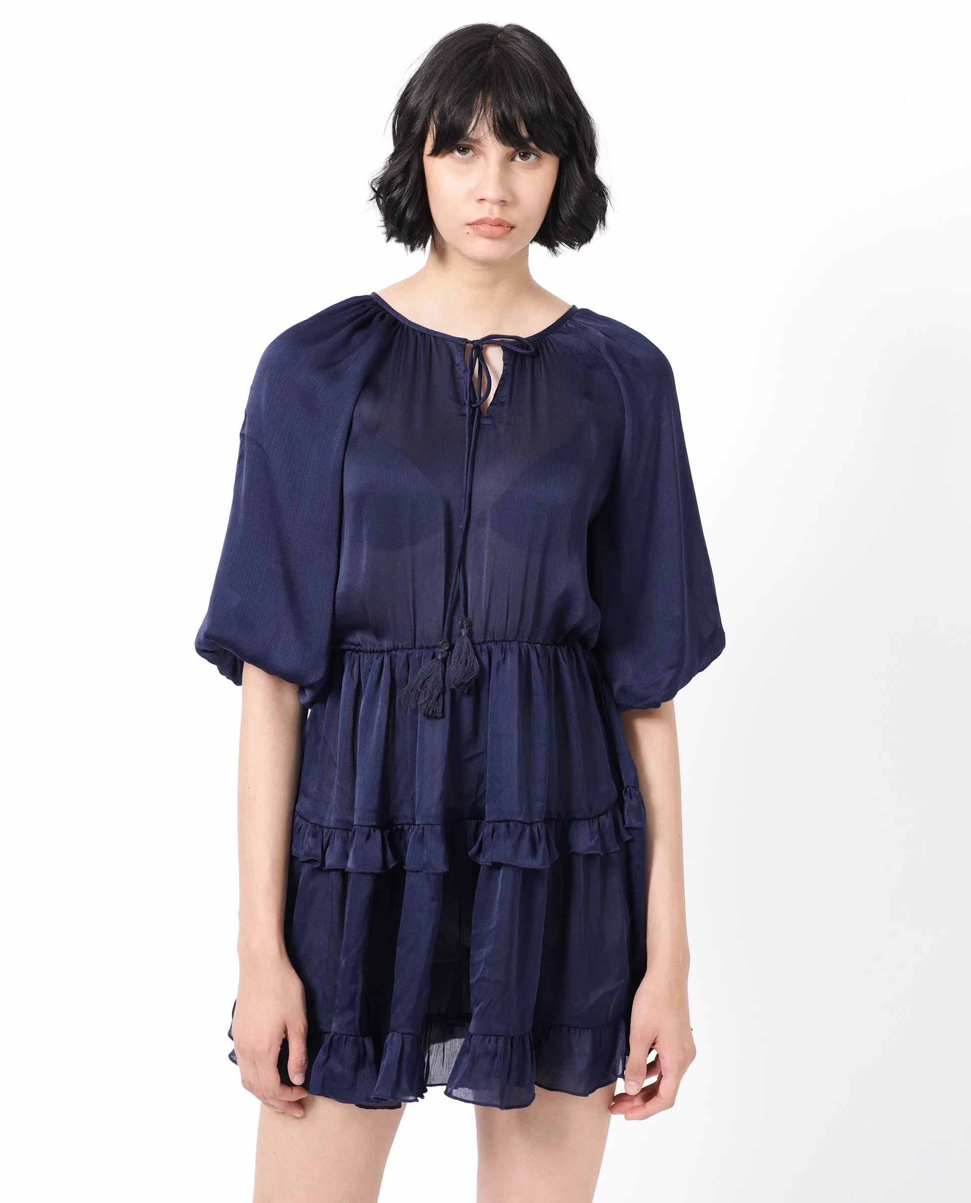 Rareism Women Zekeje Blue Polyester Fabric Short Sleeves Tie-Up Neck Raglan Sleeve Regular Fit Plain Short Boxy Dress
