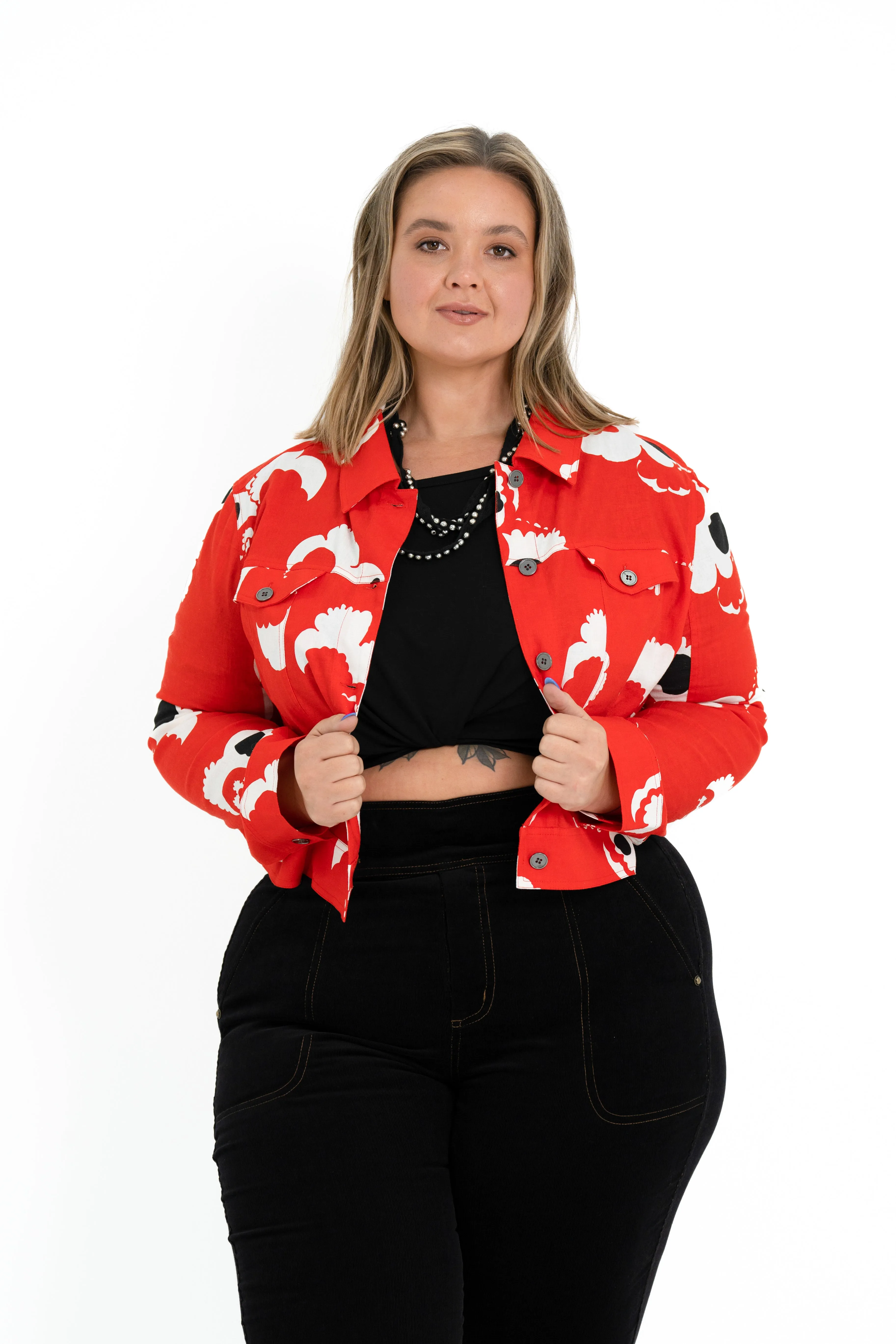 'REBEL' Stretch Linen Plus Size Jacket - Abstract Rose