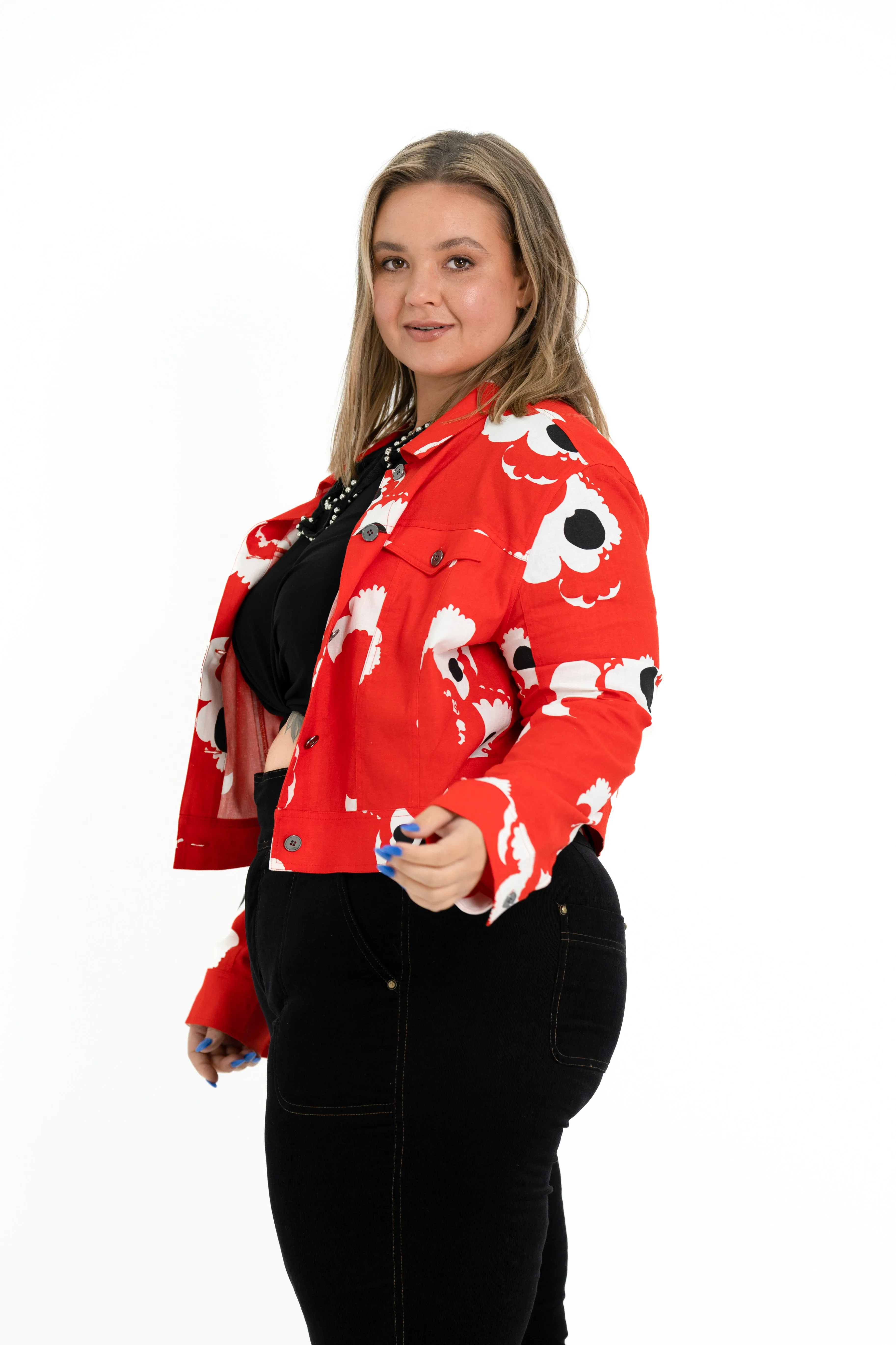 'REBEL' Stretch Linen Plus Size Jacket - Abstract Rose