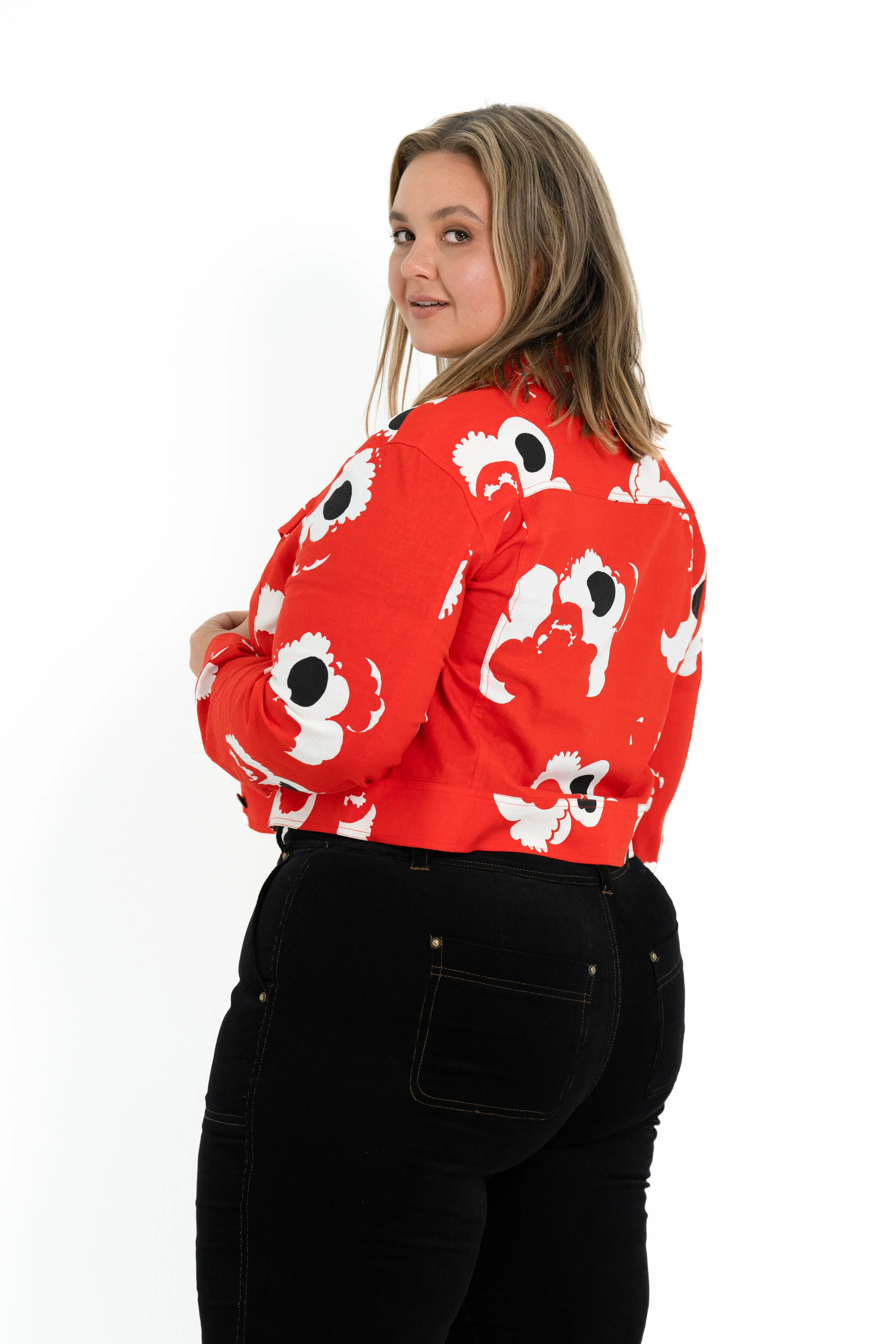 'REBEL' Stretch Linen Plus Size Jacket - Abstract Rose