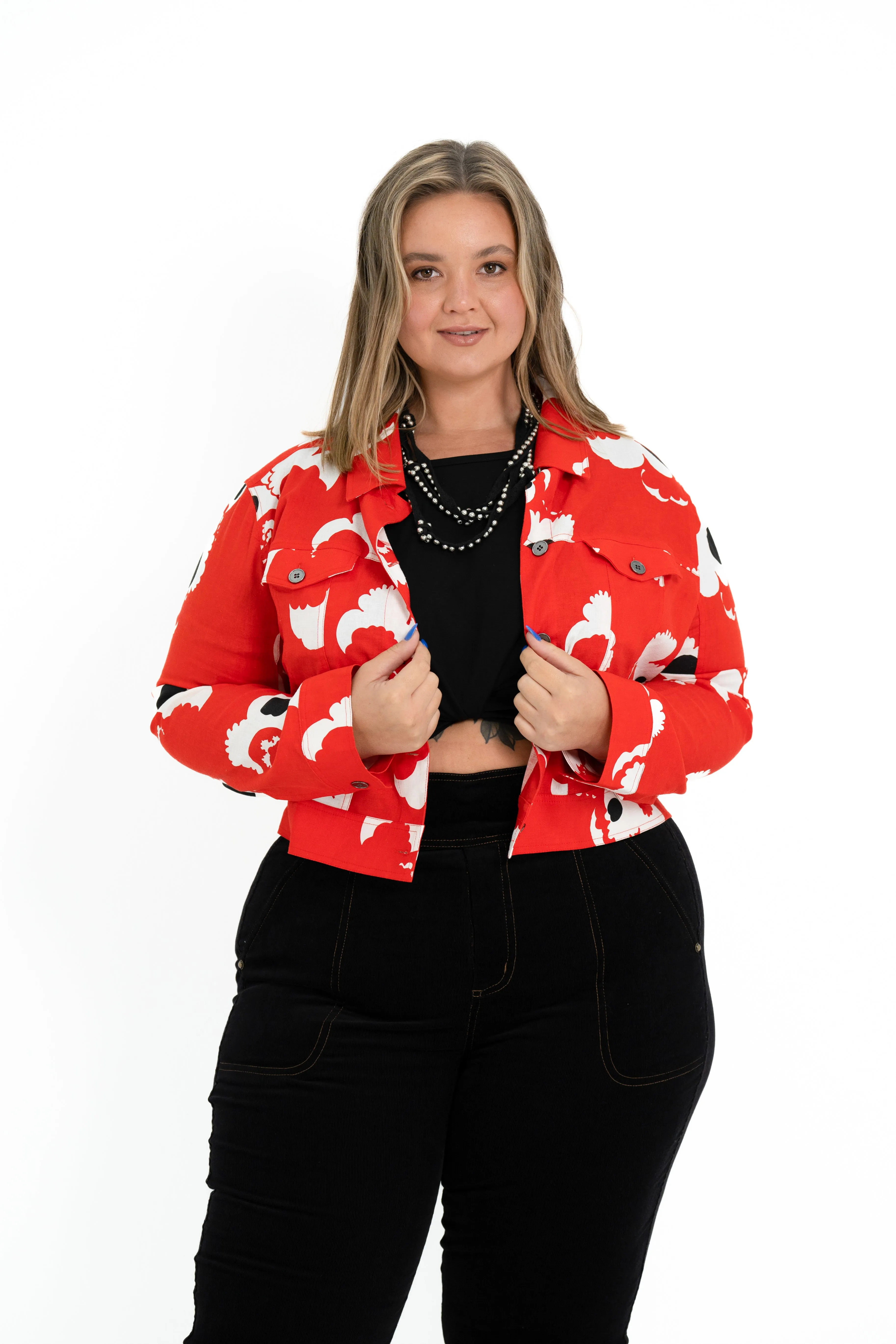 'REBEL' Stretch Linen Plus Size Jacket - Abstract Rose