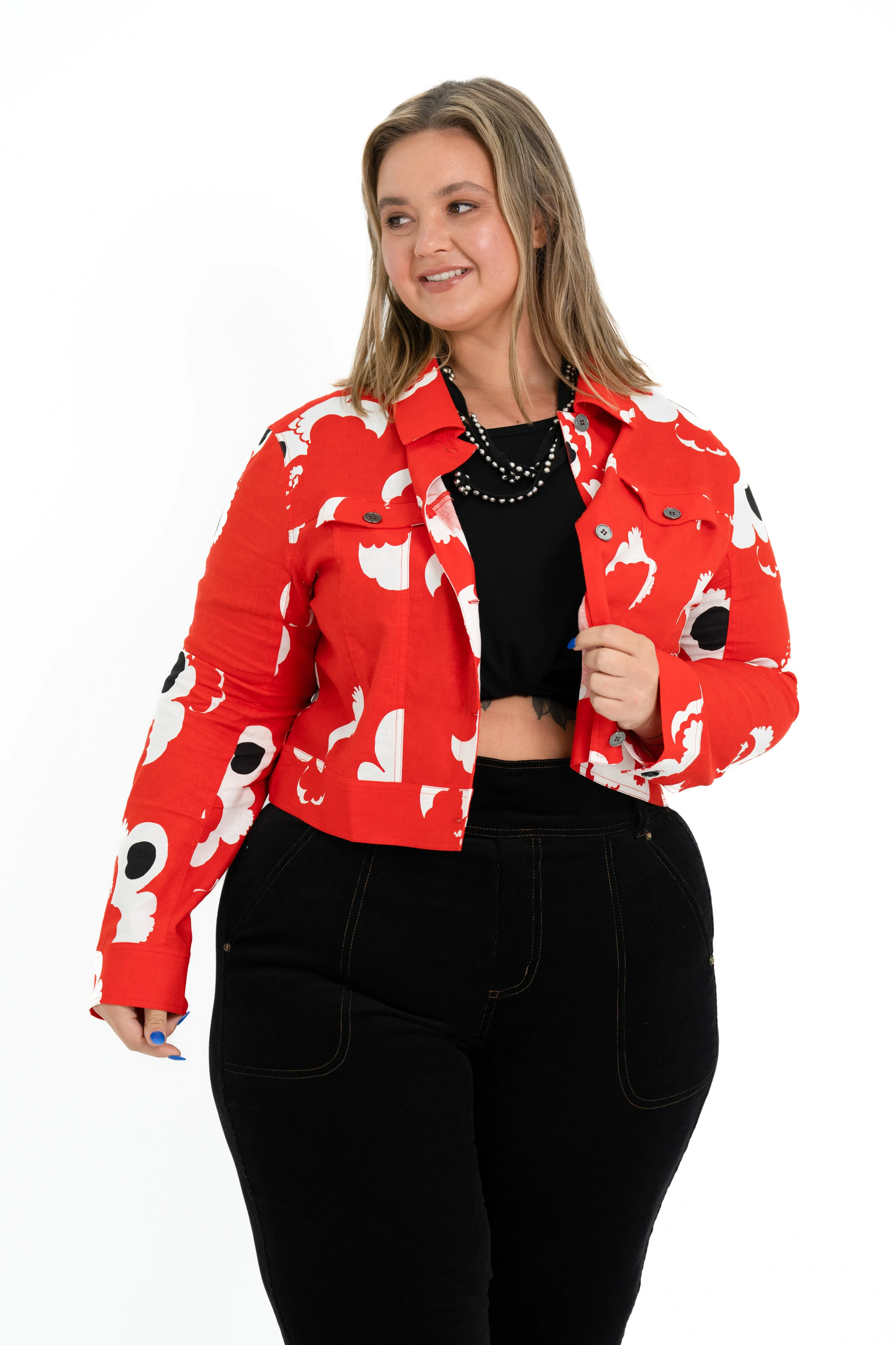'REBEL' Stretch Linen Plus Size Jacket - Abstract Rose