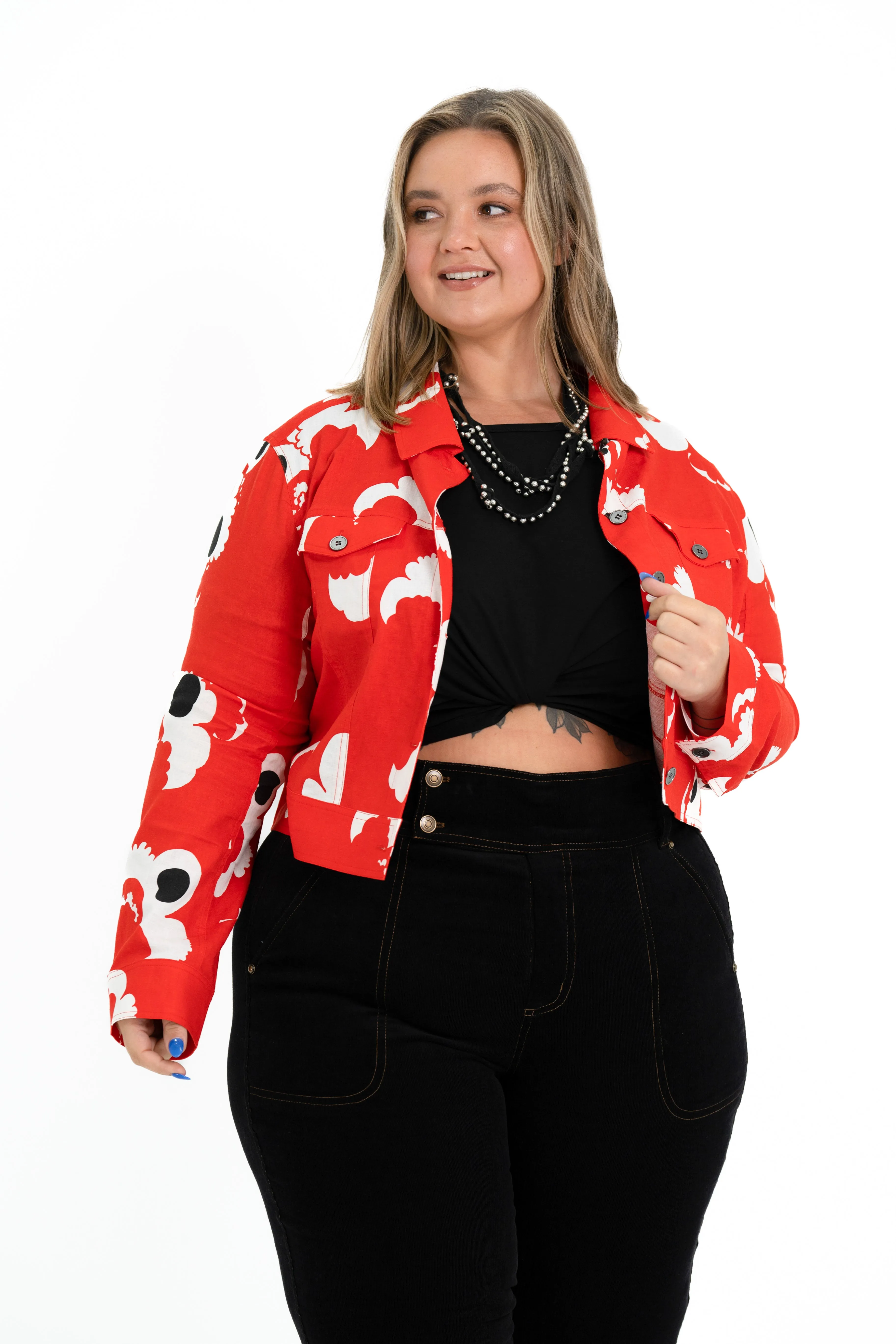 'REBEL' Stretch Linen Plus Size Jacket - Abstract Rose