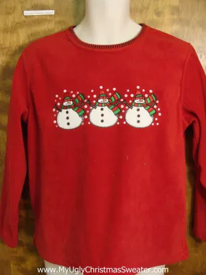 Red and Green Snowmen Ugly Fleece Sweater for a Party