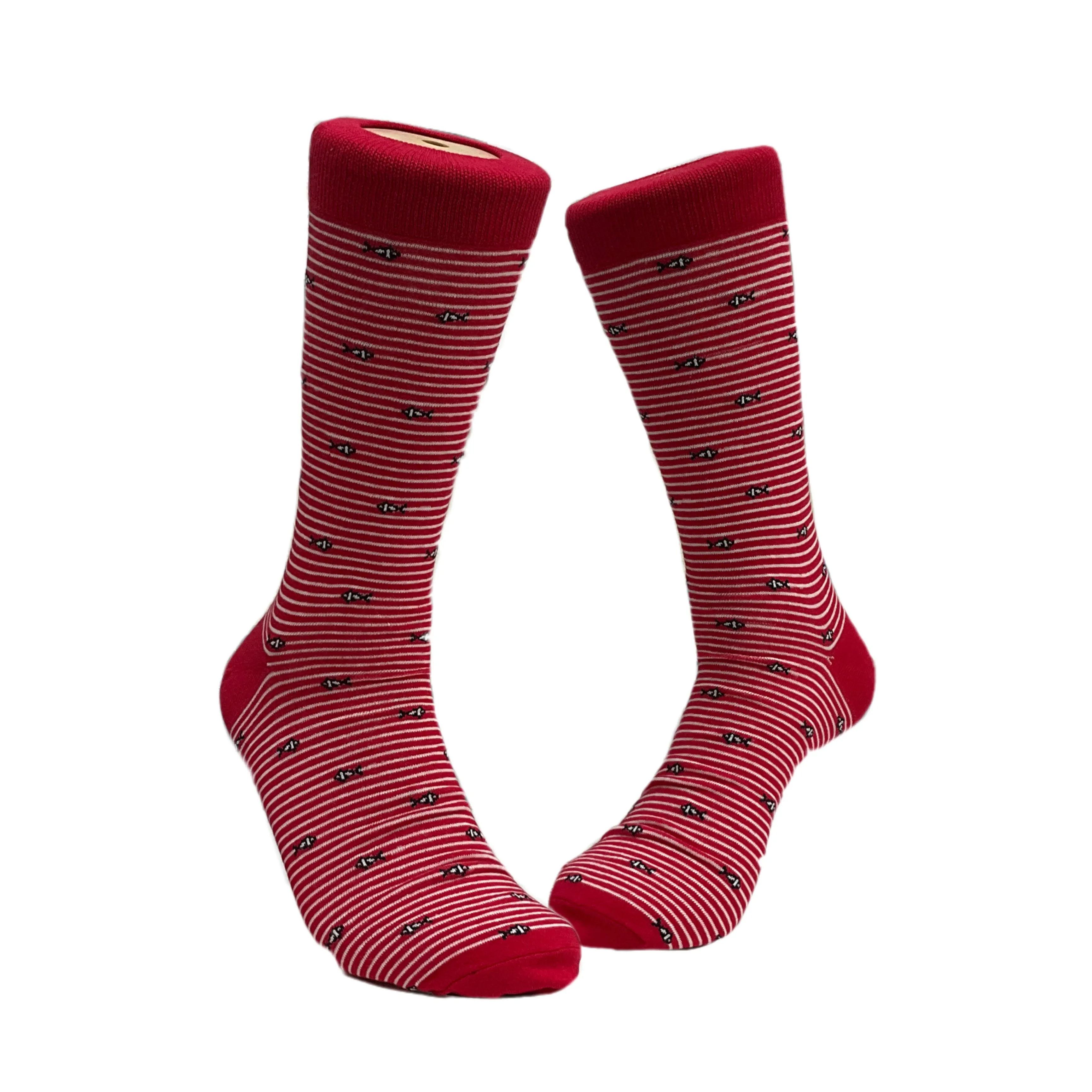 Red and White Striped Pattern Dress Socks (with fishes)