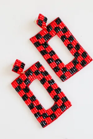 Red   Black Checkered Beaded Statement Earrings