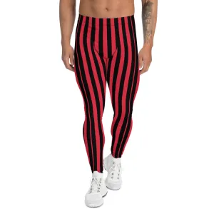 Red Black Striped Print Men's Leggings, Modern Best Festive Stripe Circus Meggings-Made in USA/EU/MX