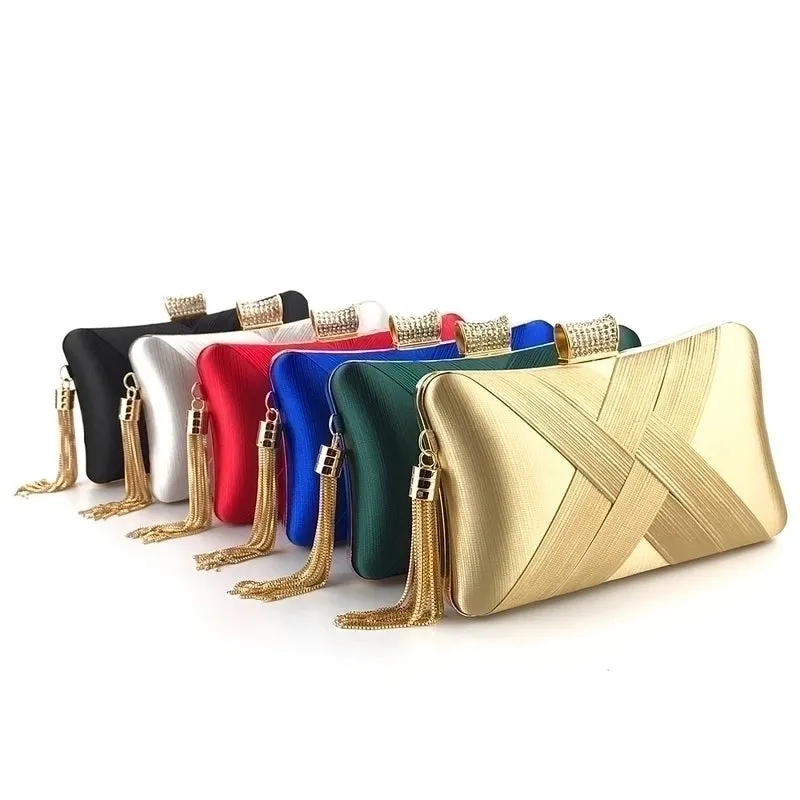 Red Blue Black Satin Silk Solid Color Tassel Square Evening Bags