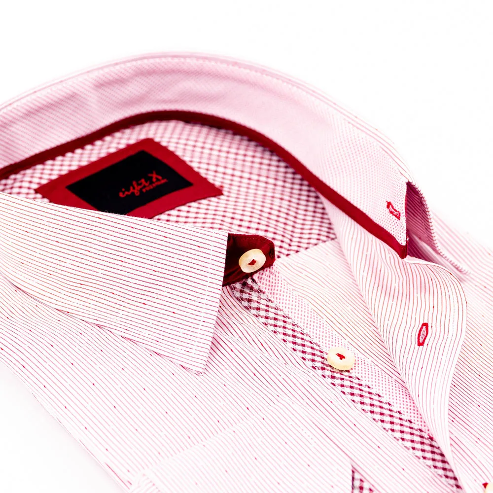 Red Button Down Jacquard Shirt W/Checkered Trim