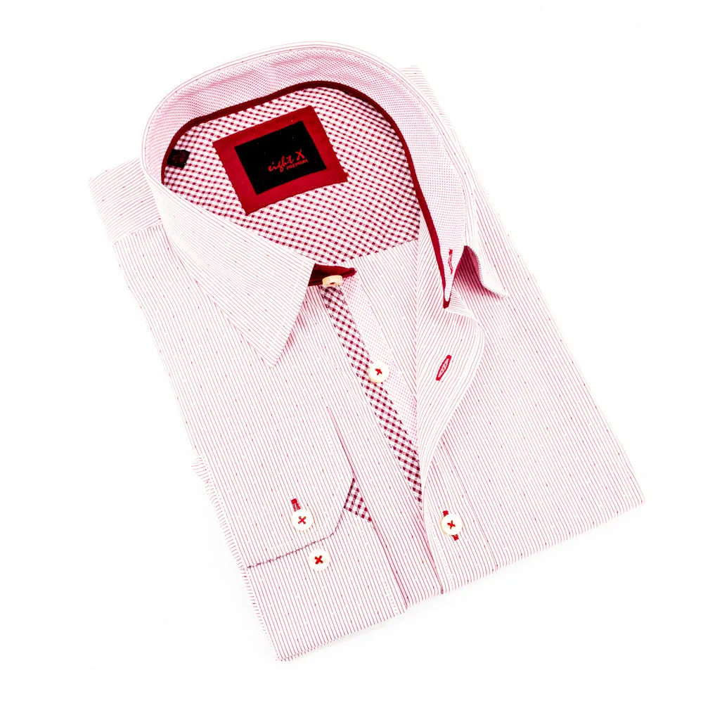 Red Button Down Jacquard Shirt W/Checkered Trim
