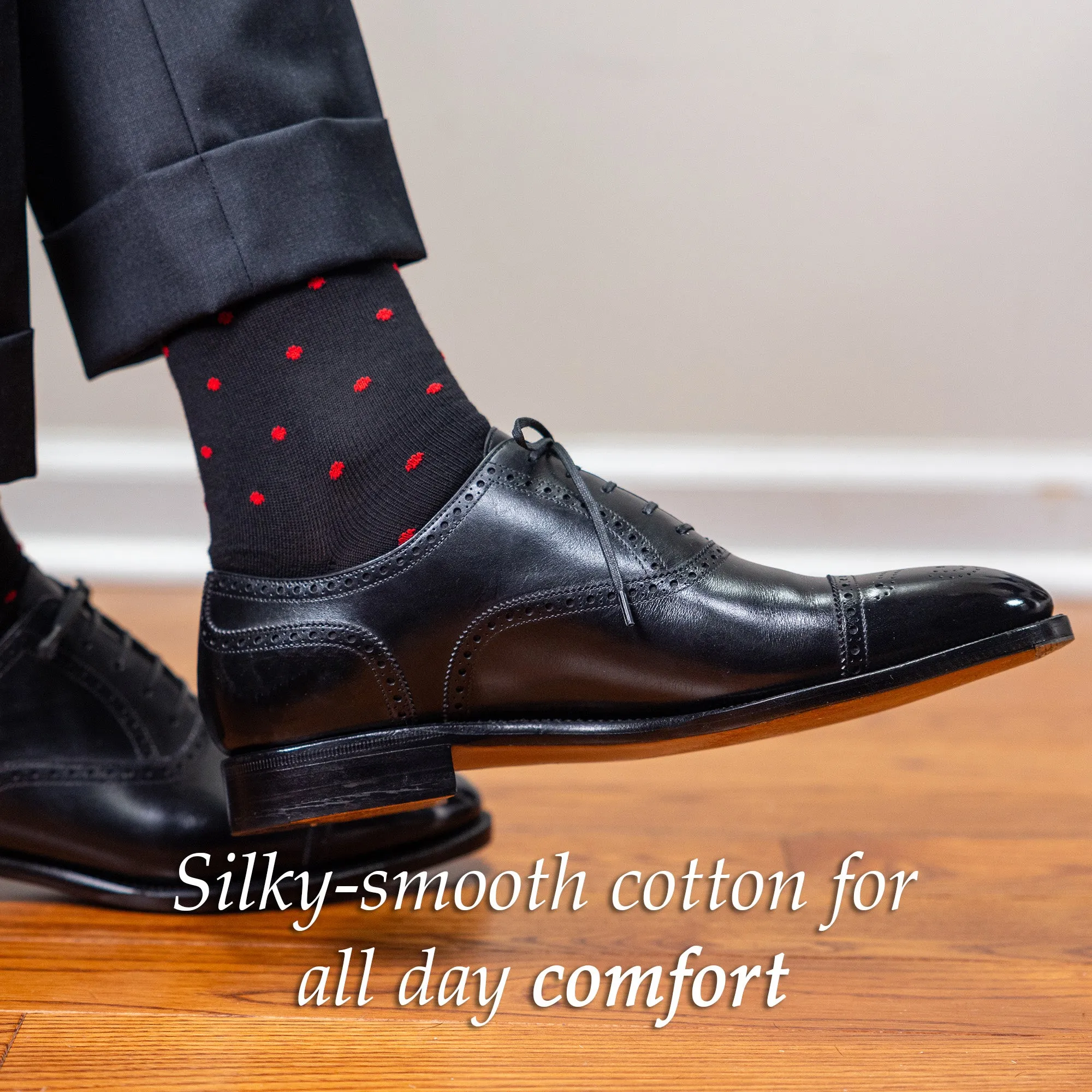 Red Dots on Black Cotton Over the Calf Dress Socks