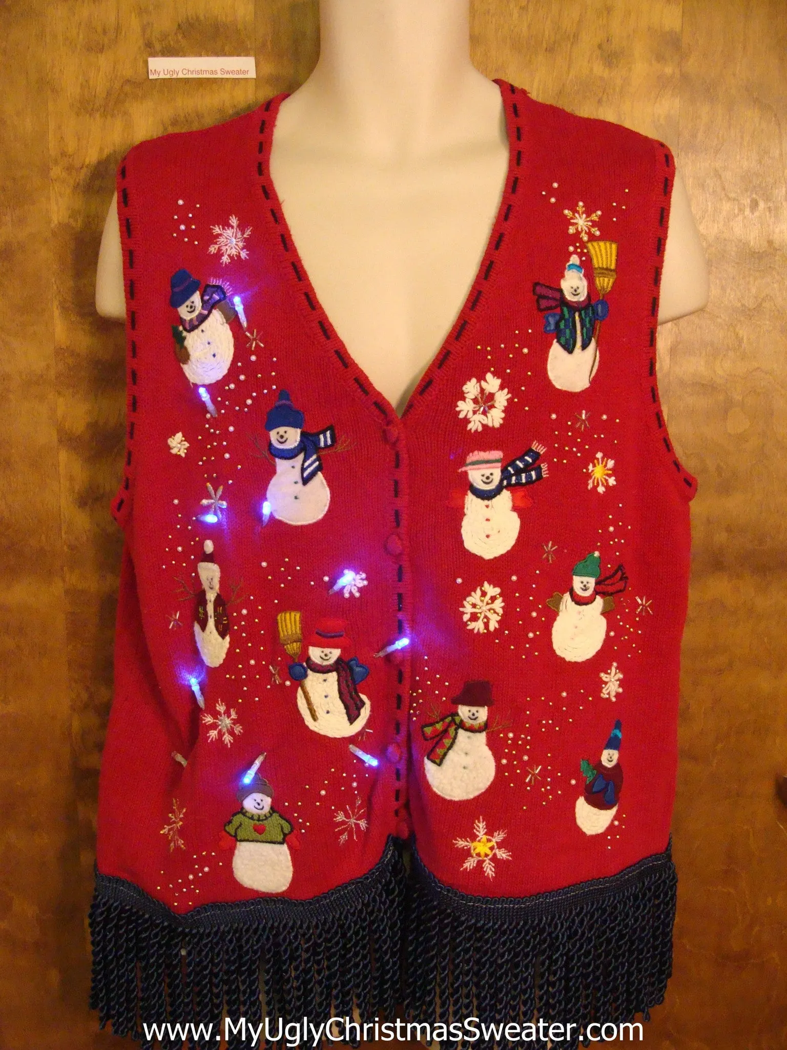 Red Light Up Ugly Xmas Sweater Vest with Fringe